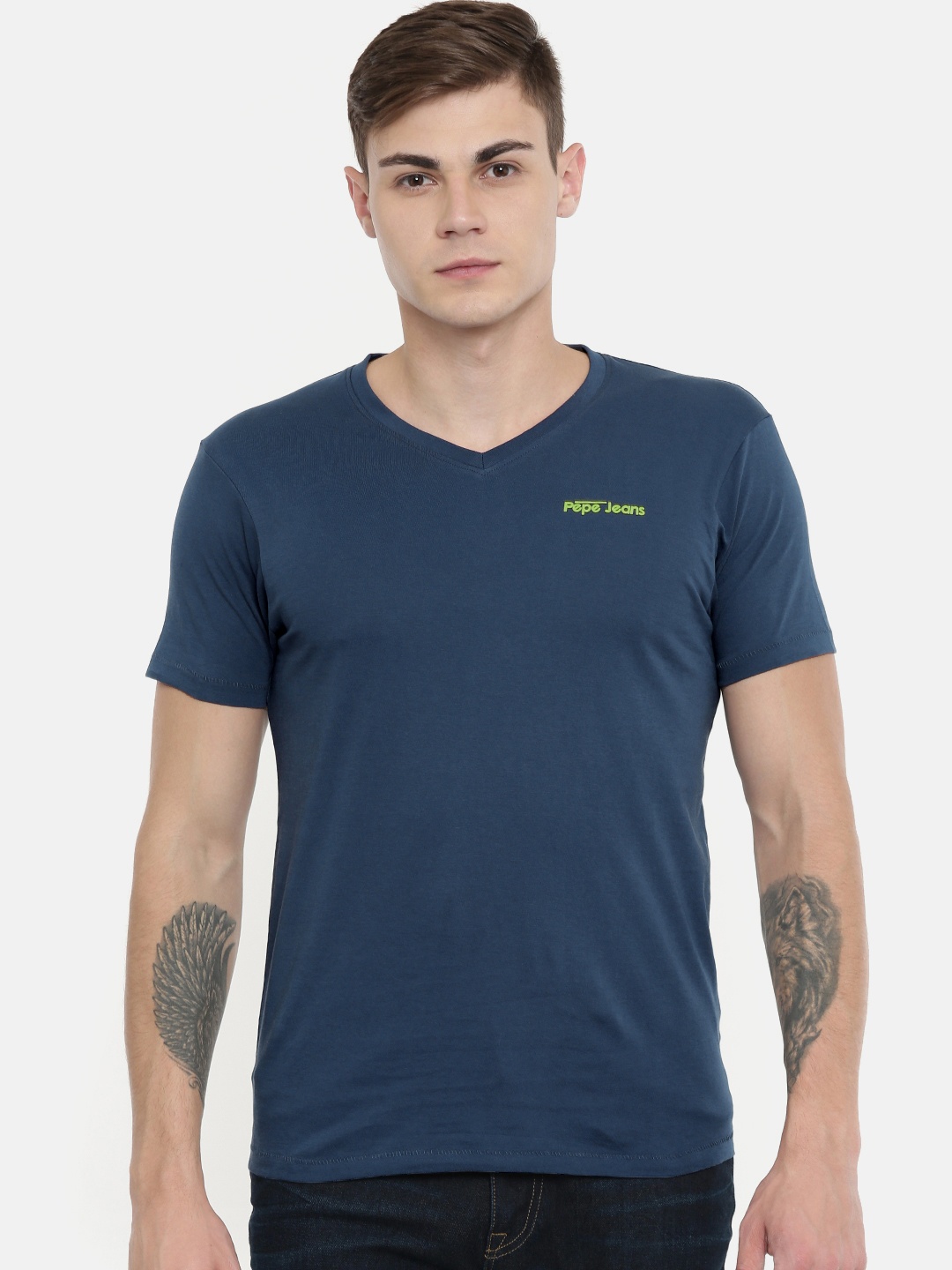 

Pepe Jeans Men Navy Blue Solid Round Neck Slim Fit Pure Cotton T-shirt