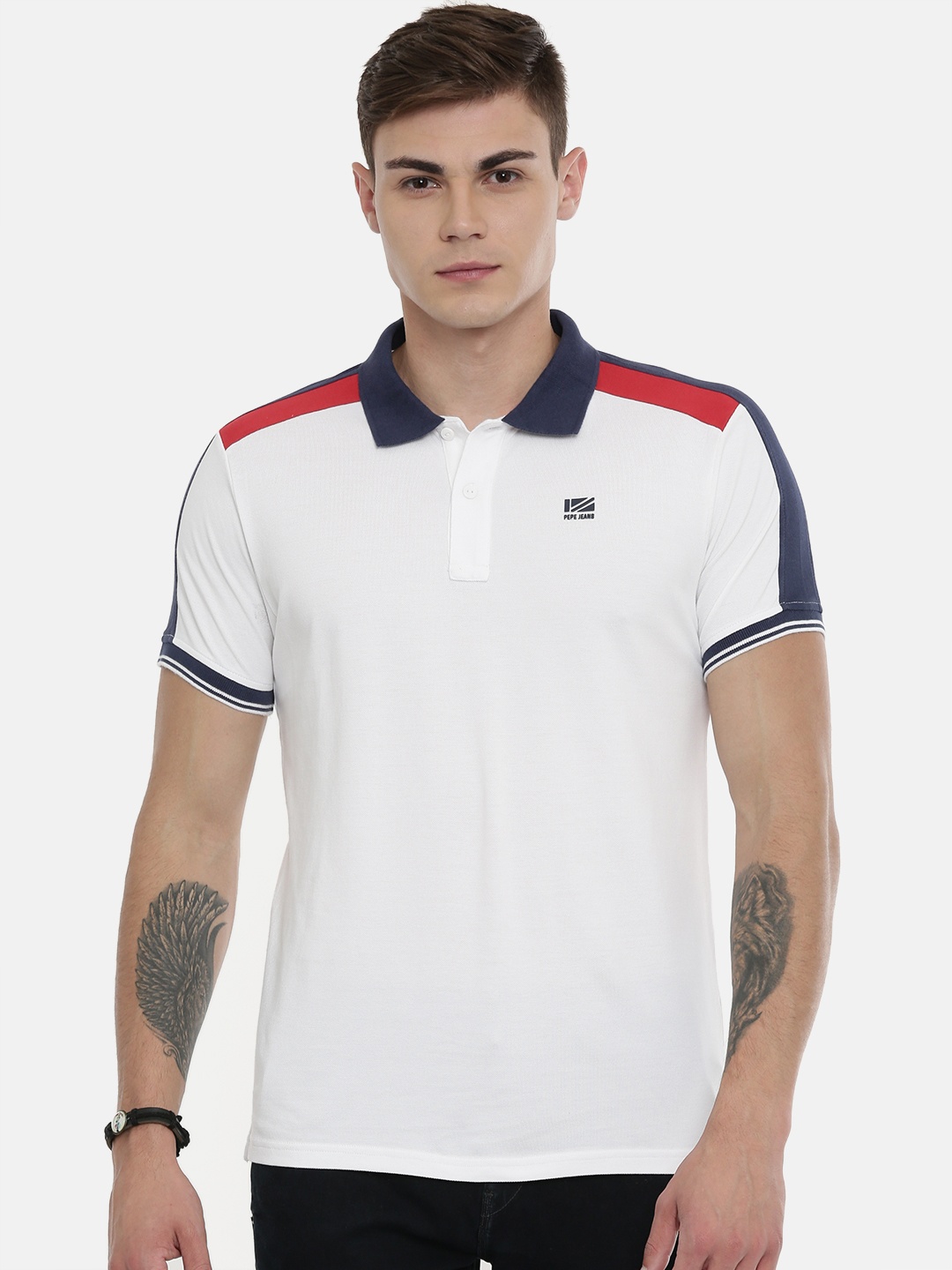 

Pepe Jeans Men White Solid Polo Collar Pure Cotton T-shirt