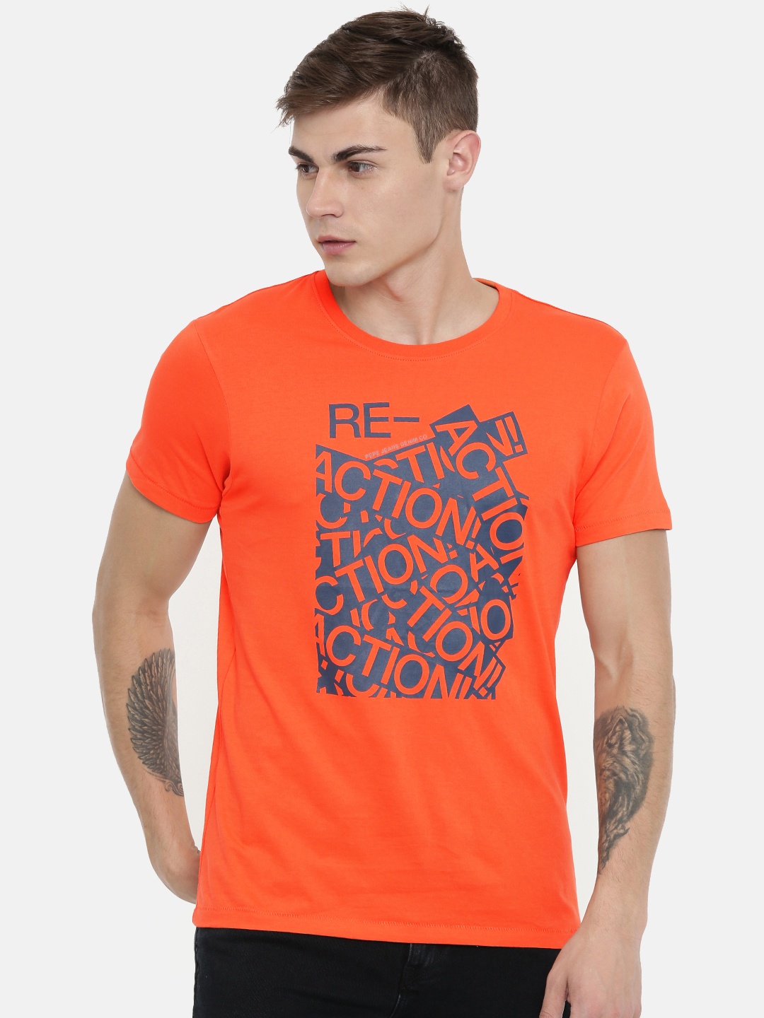 

Pepe Jeans Men Coral Orange Printed Round Neck Slim Fit Pure Cotton T-shirt