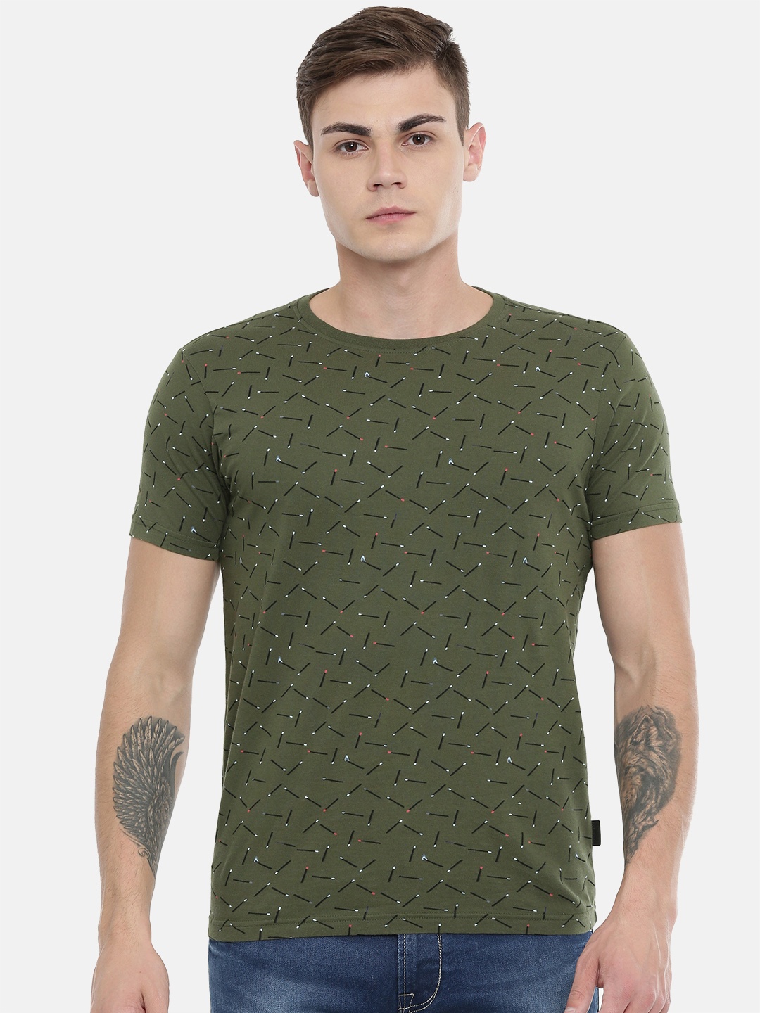 

Pepe Jeans Men Olive Green Black Slim Fit Printed Round Neck Pure Cotton T-shirt