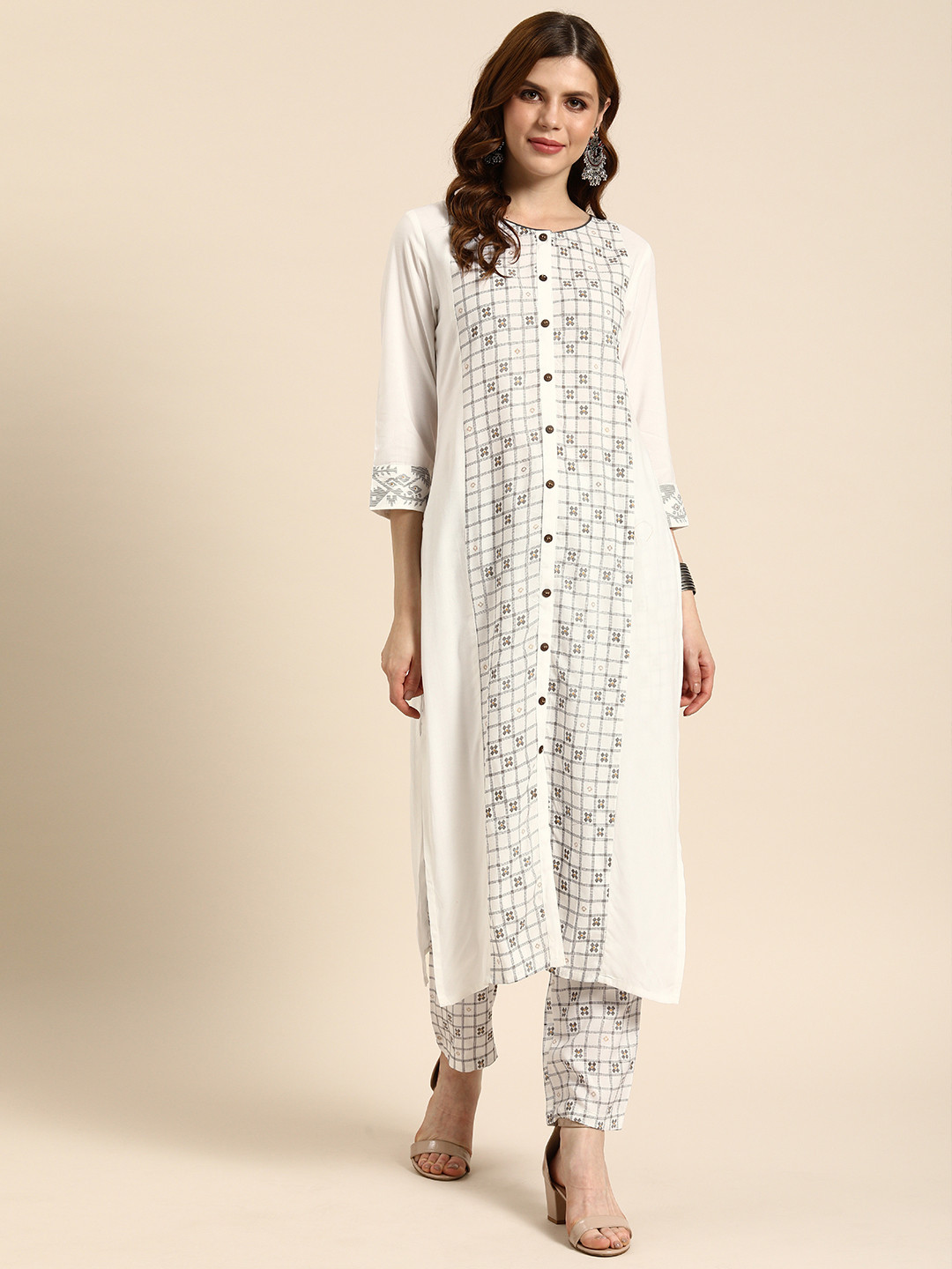 

IMARA Women White & Grey Printed Kurta with Trousers