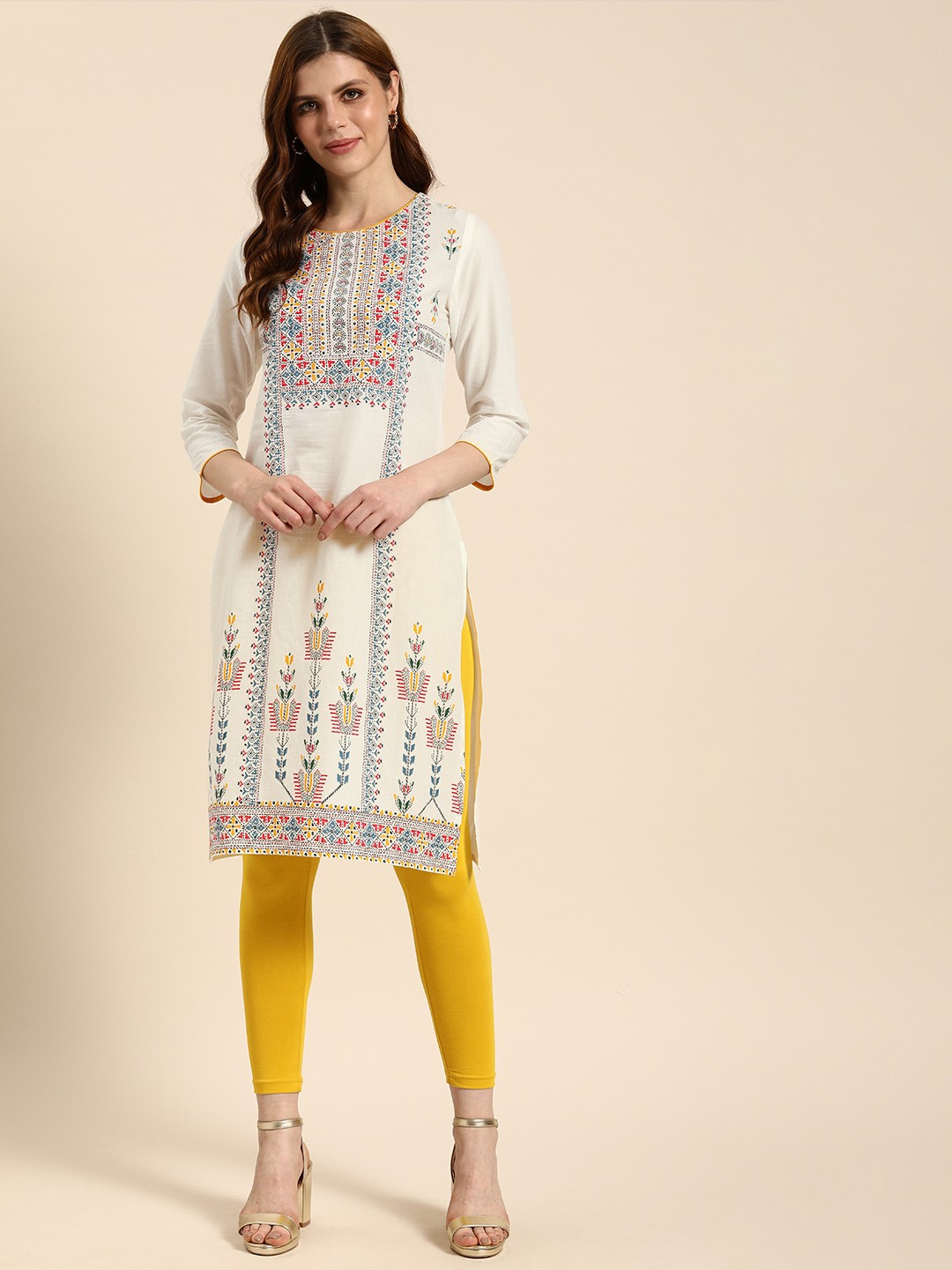 

IMARA Women White Printed Straight Kurta