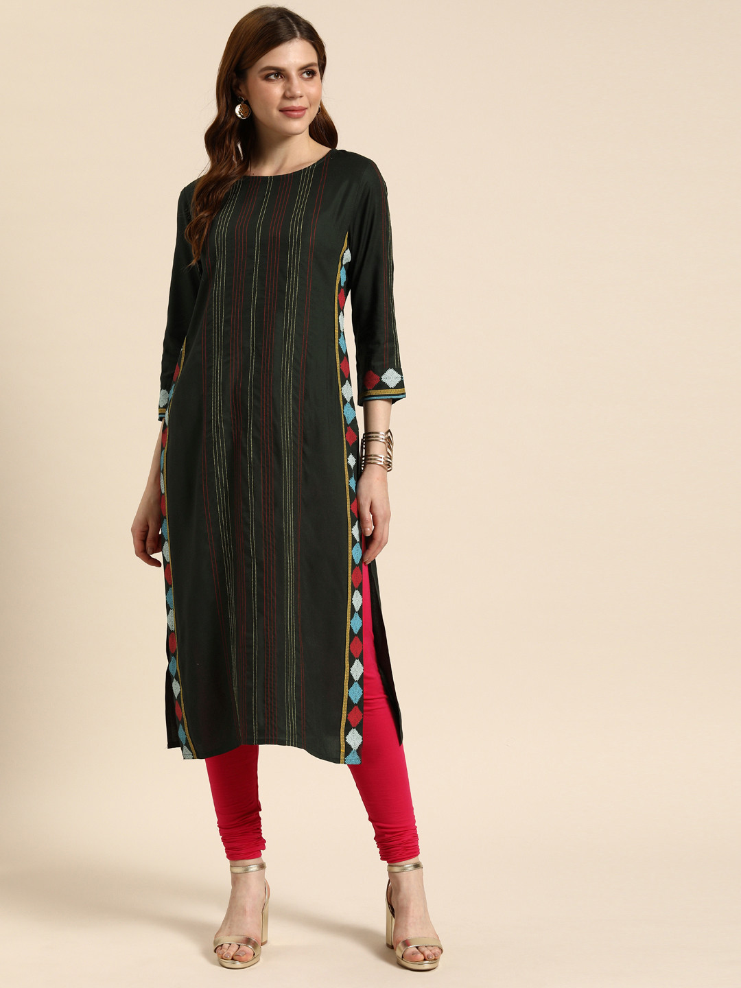 

IMARA Women Olive Green Printed Straight Kurta