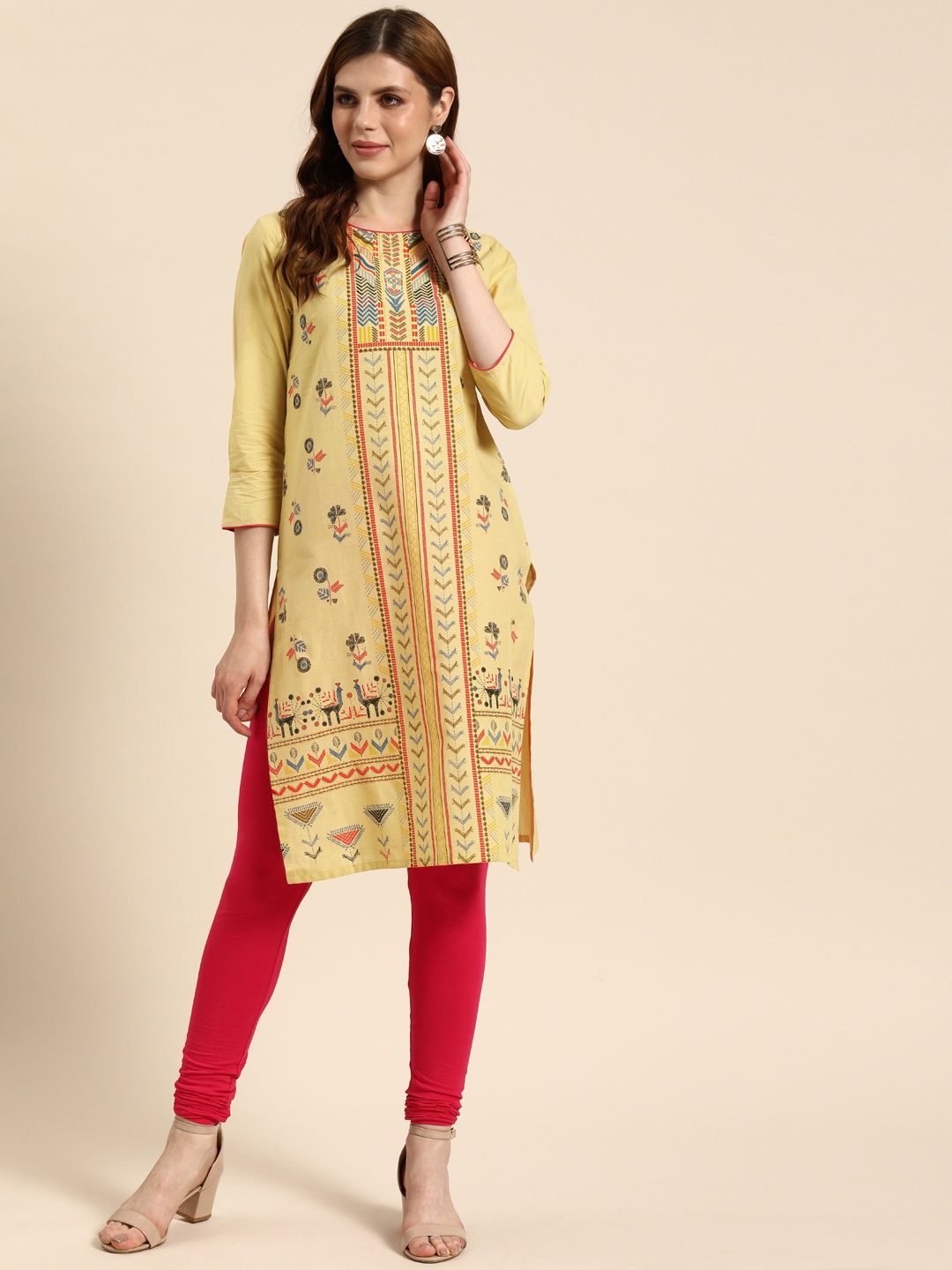 

IMARA Women Beige Printed Straight Kurta