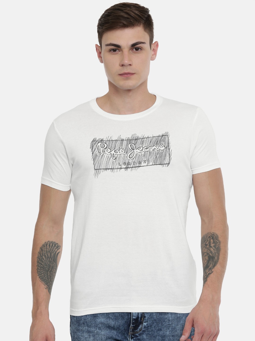 

Pepe Jeans Men White Black Slim Fit Printed Round Neck Pure Cotton T-shirt