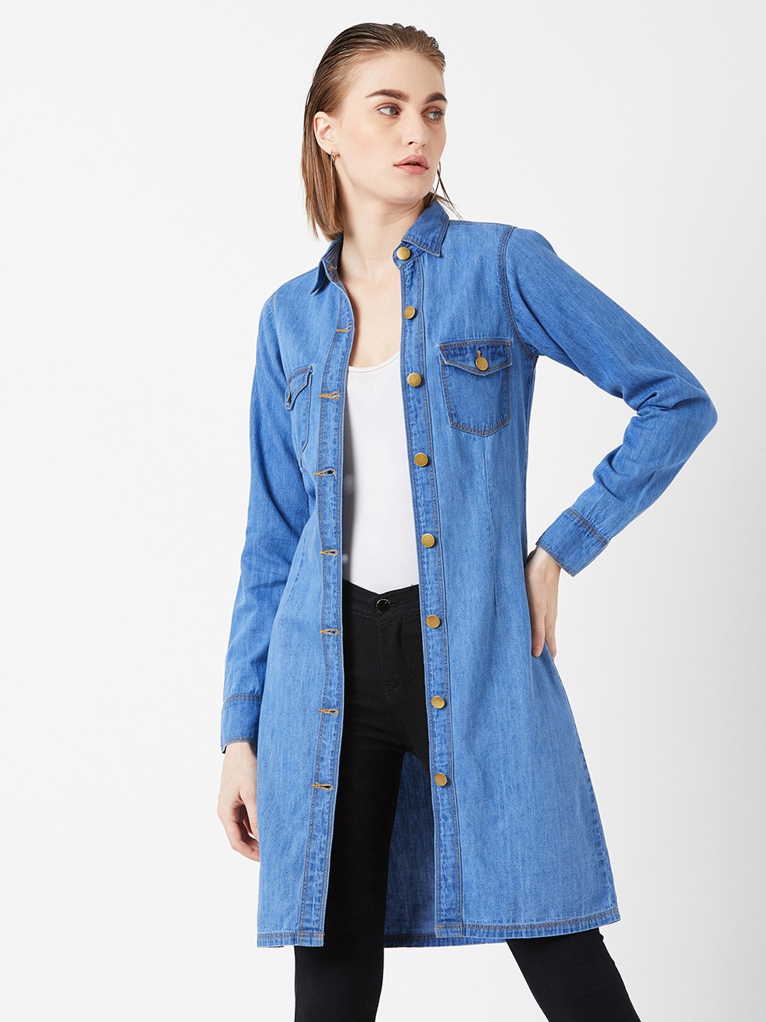 

Miss Chase Women Lightweight Solid Denim Jacket, Blue