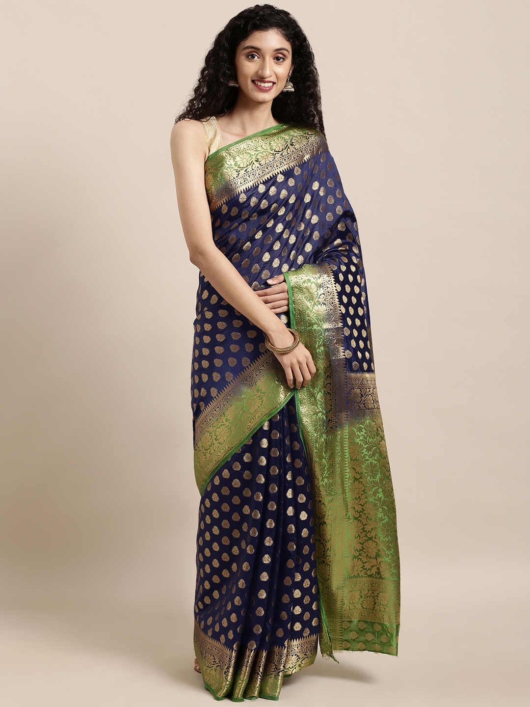 

Rajnandini Navy Blue & Green Woven Design Saree