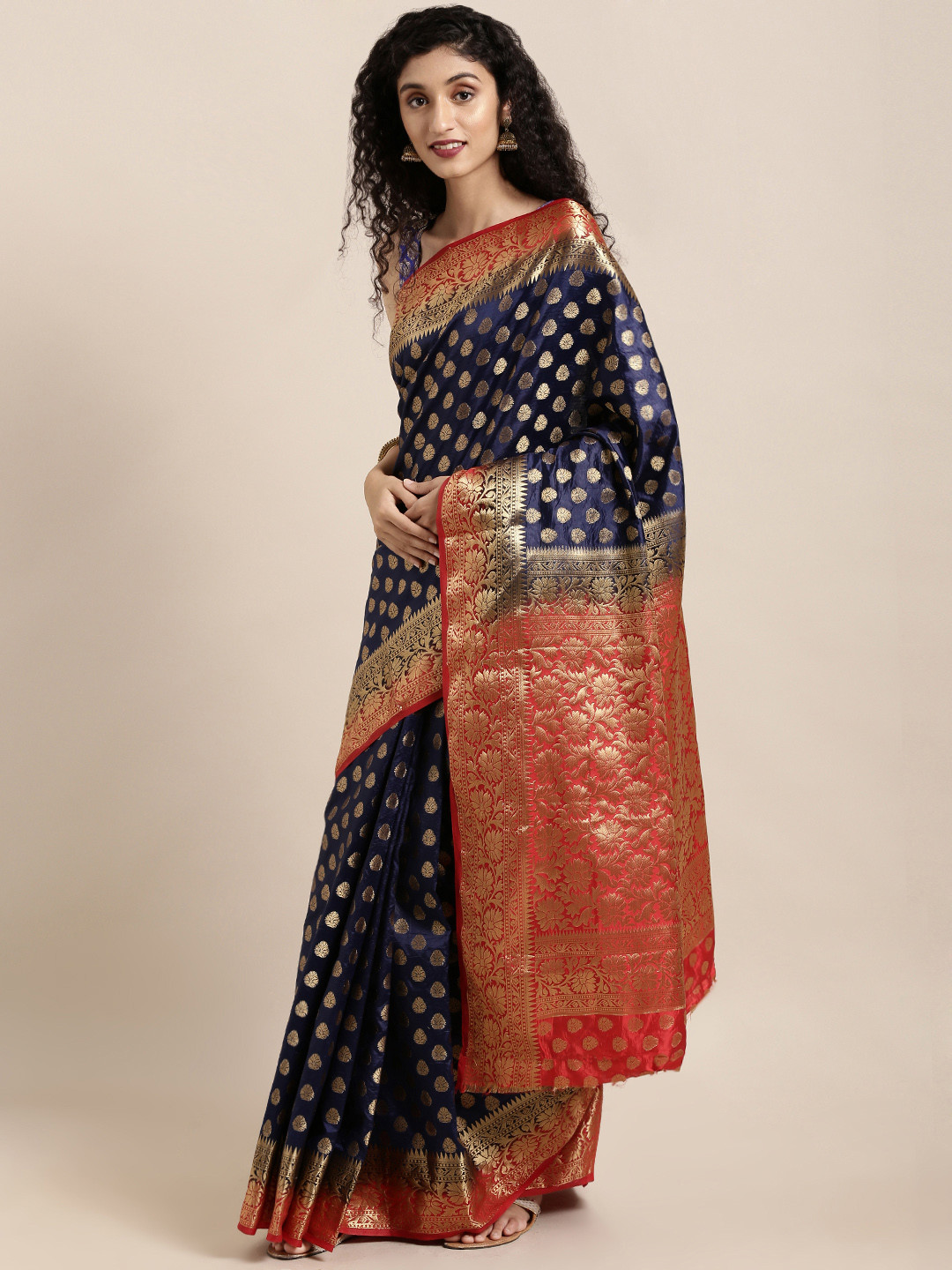 

Rajnandini Navy Blue & Red Woven Design Saree