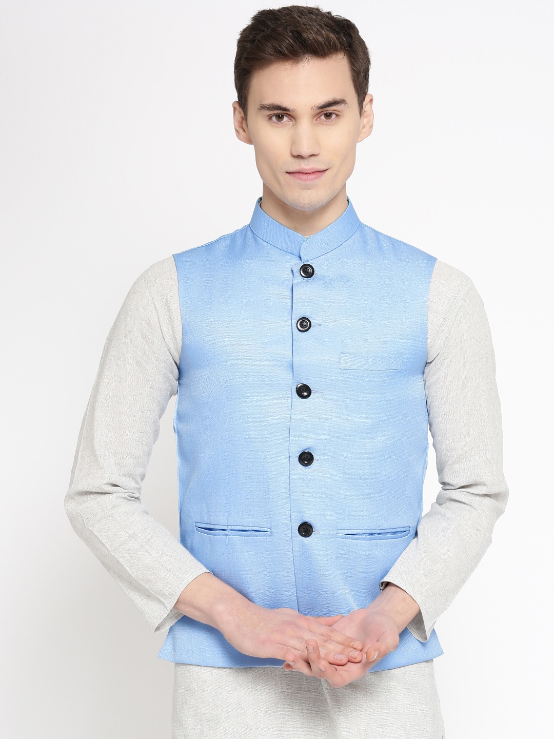 

Vastraa Fusion Men Blue Woven Design Pure Cotton Nehru Jacket