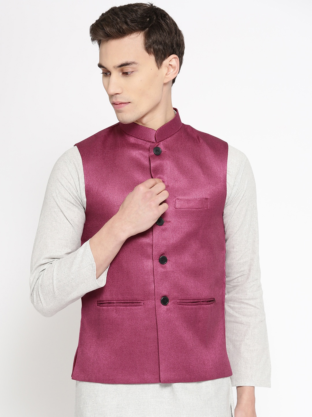 

Vastraa Fusion Men Magenta Woven Design Nehru Jacket