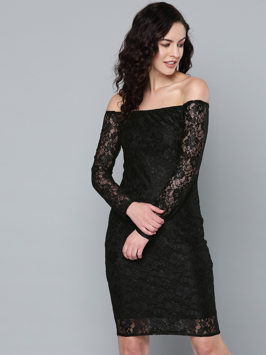 

Trend Arrest Women Black Lace Off-Shoulder Sheath Dress