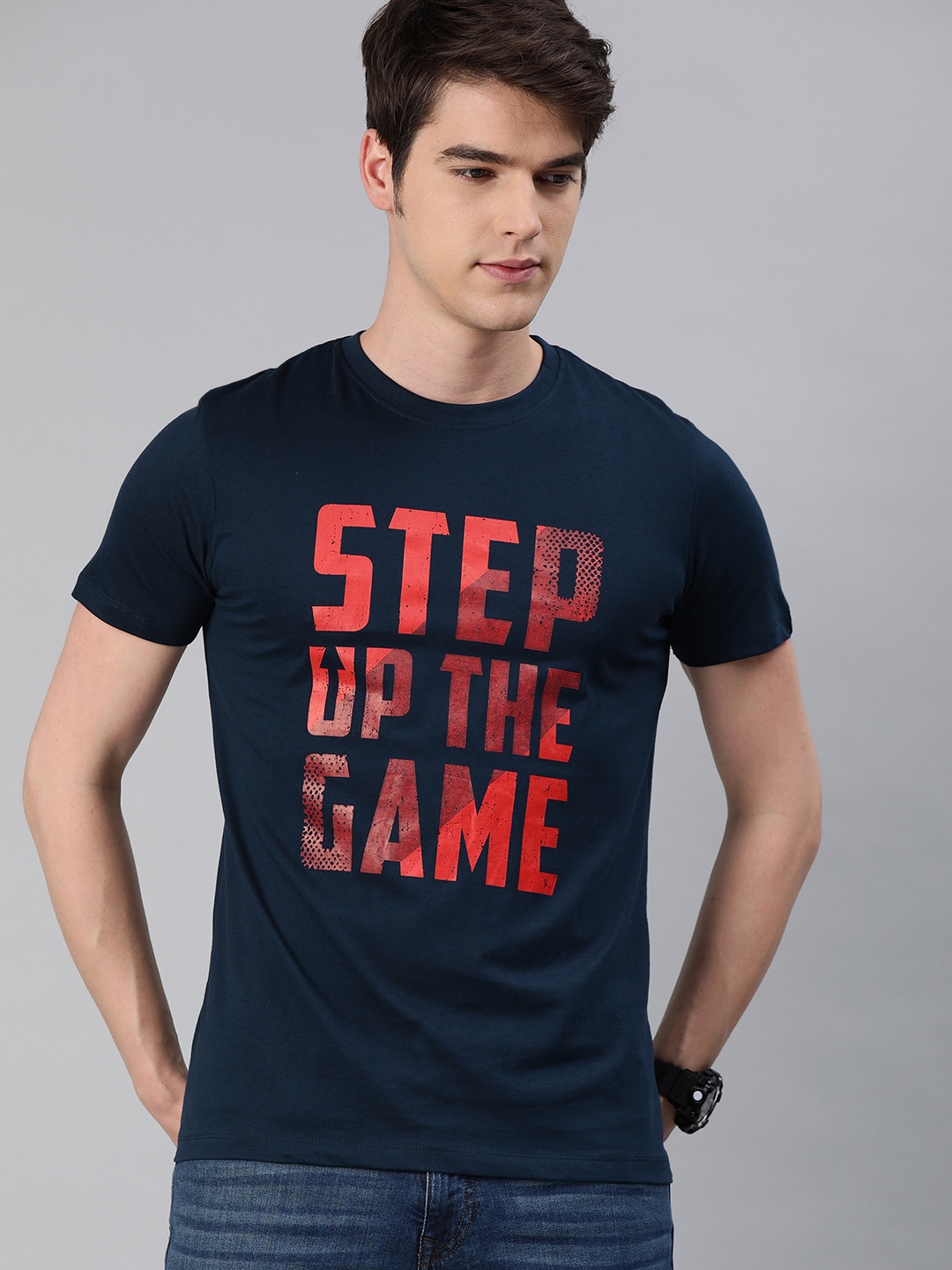 

Urbano Fashion Men Navy Blue Printed Slim Fit Round Neck T-shirt