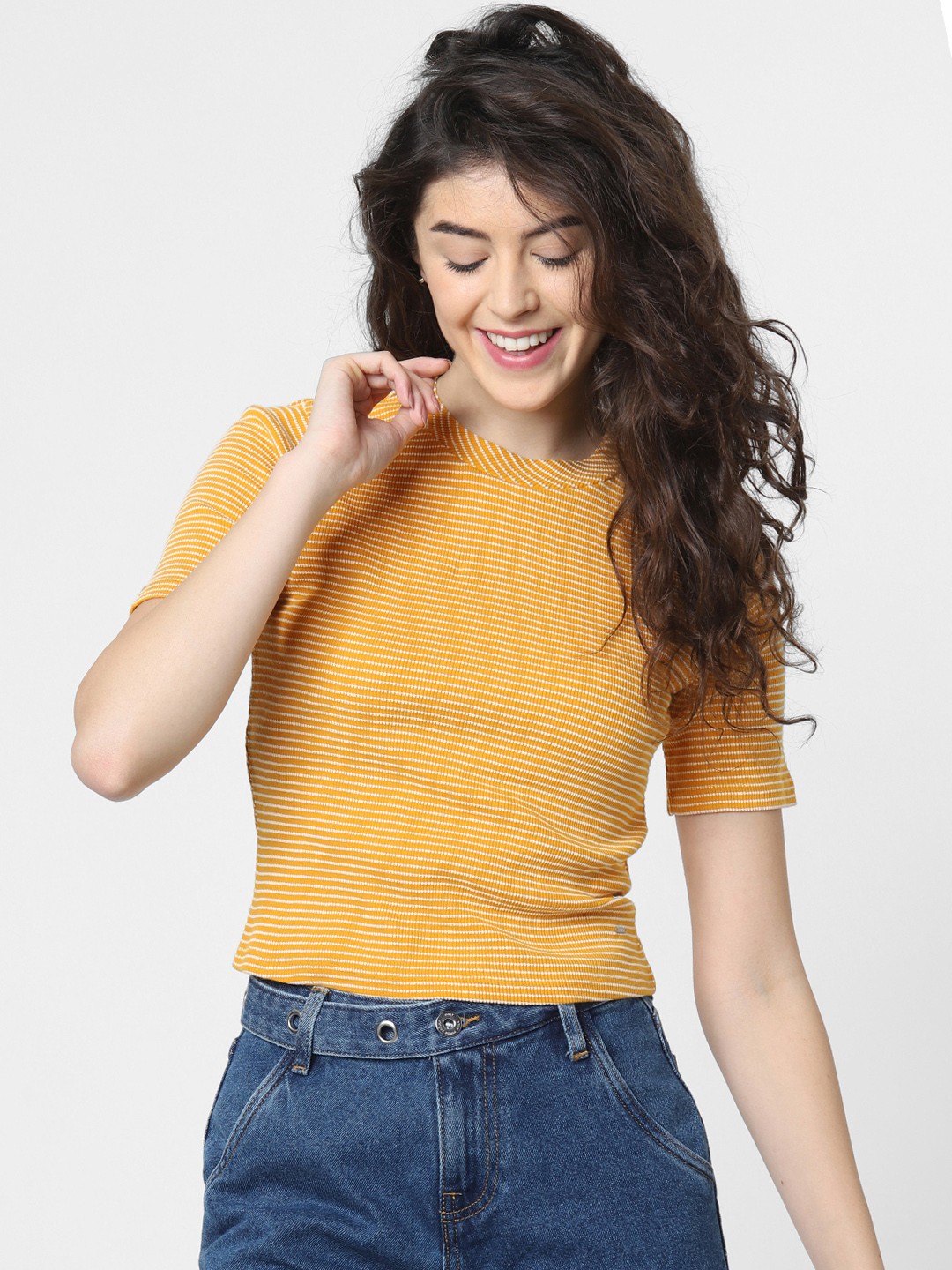 

ONLY Women Orange White Striped Round Neck Pure Cotton T-shirt