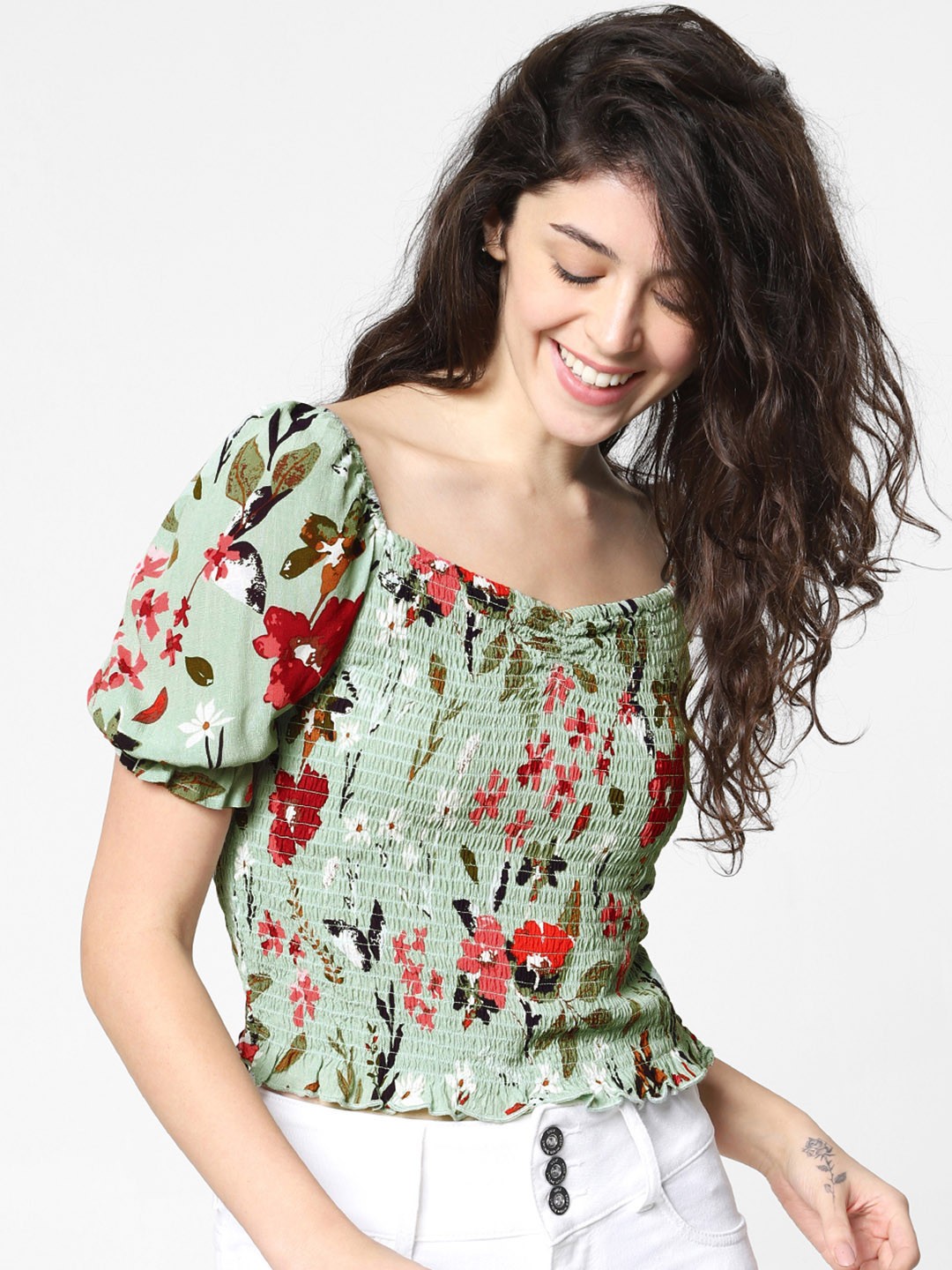 

ONLY Women Green & Red Printed Smocked Top