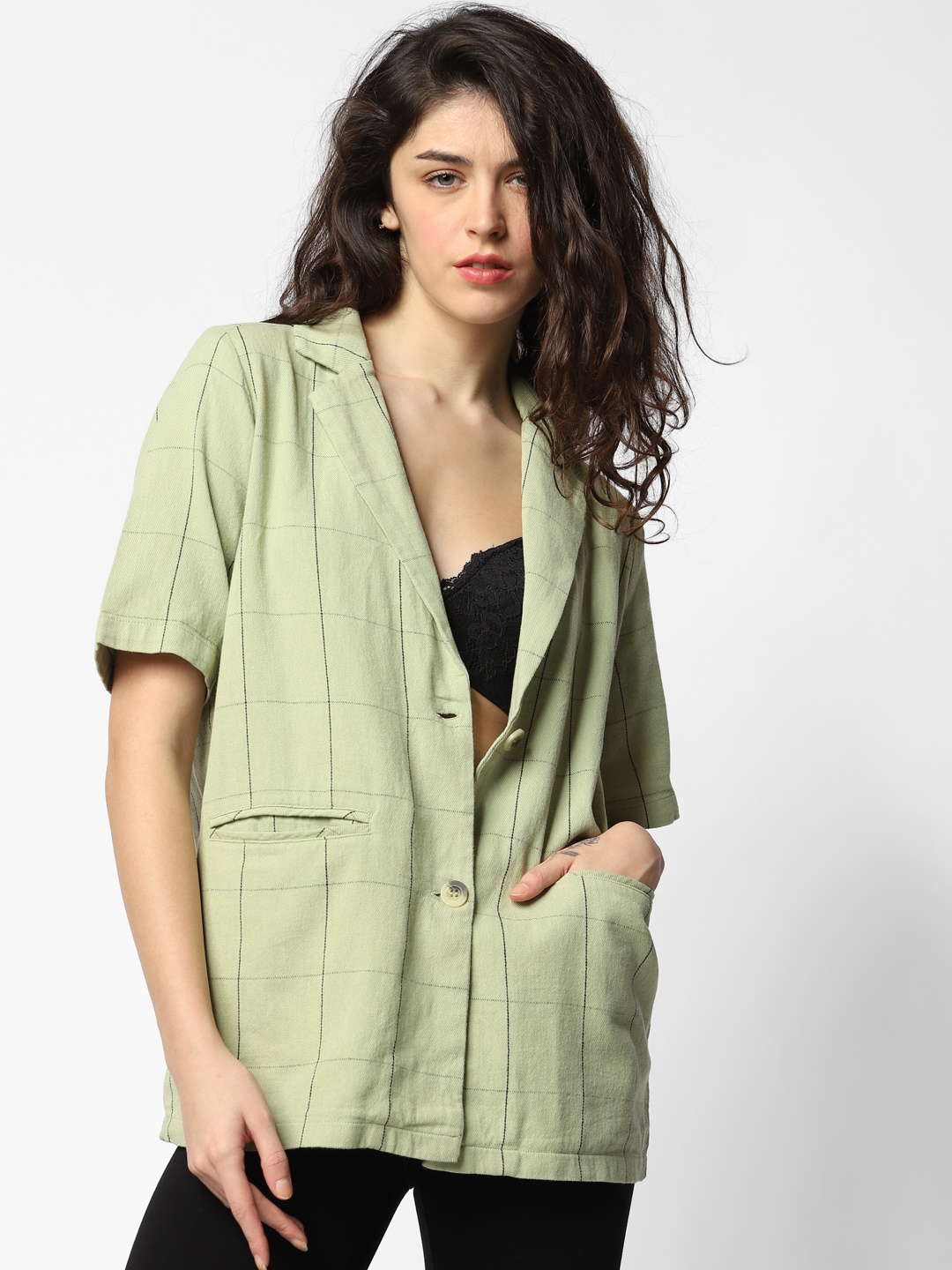 

ONLY Women Sea Green & Black Checked Single-Breasted Casual Pure Cotton Blazer