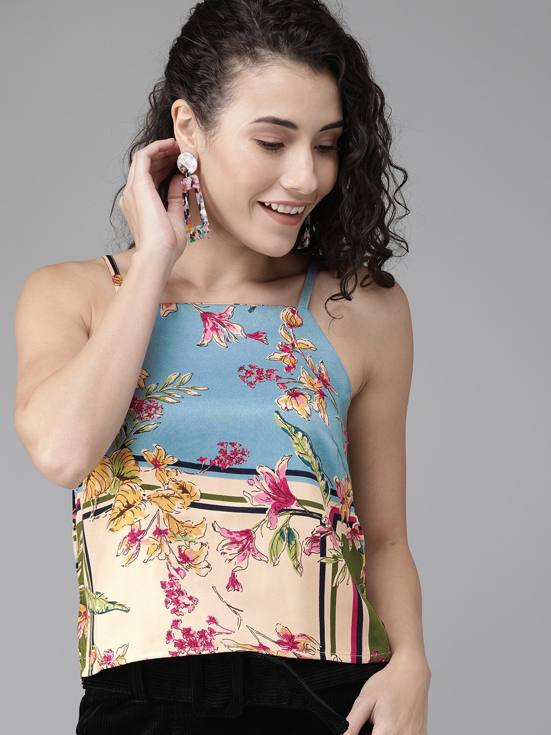

ONLY Women Blue & Peach-Coloured Printed Top, White
