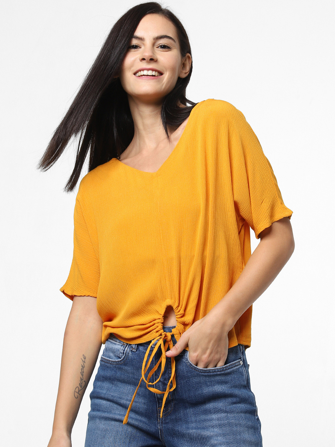 

ONLY Women Orange Solid Cinched Waist Top