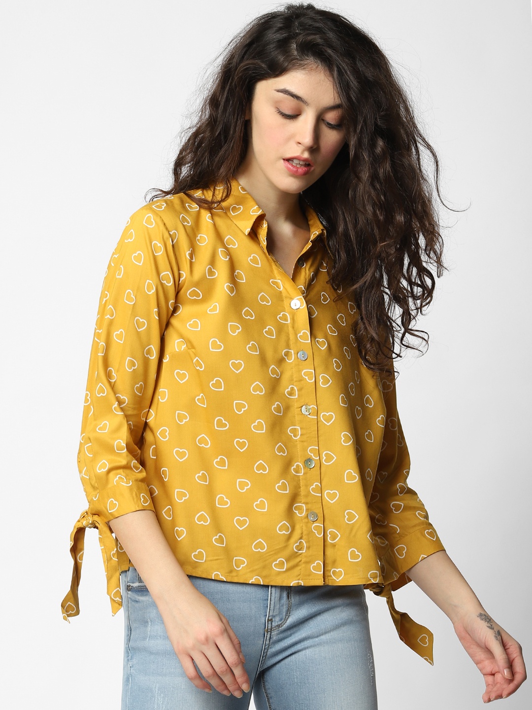 

ONLY Women Mustard Yellow & White Regular Fit Printed Casual Shirt