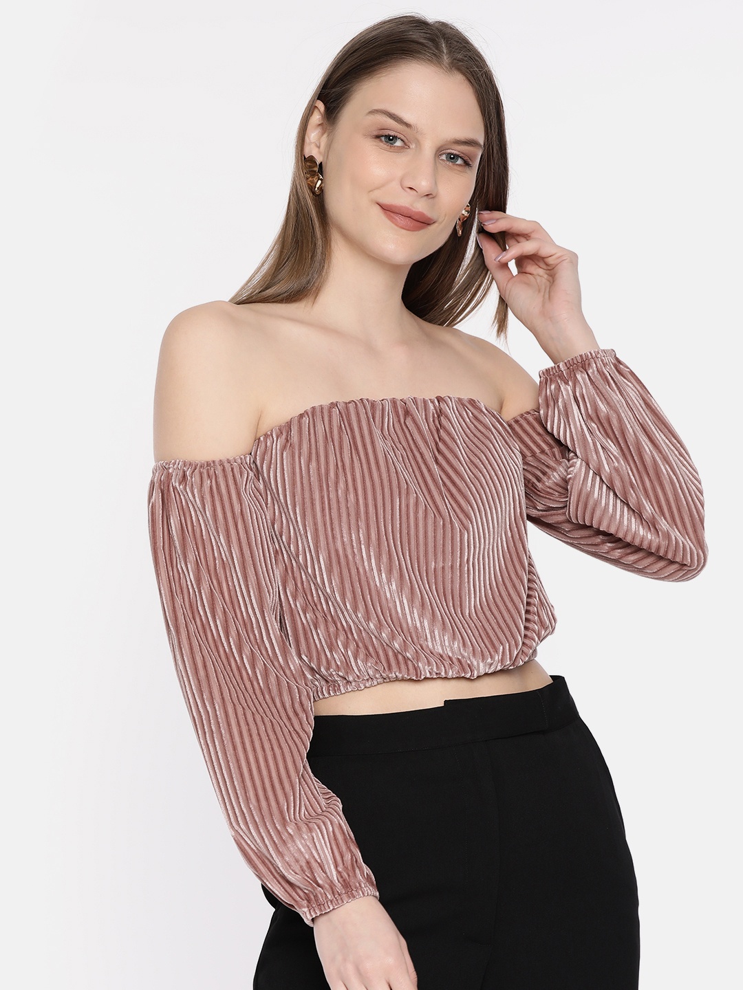 

ONLY Women Nude Pink Self-Striped Bardot Top