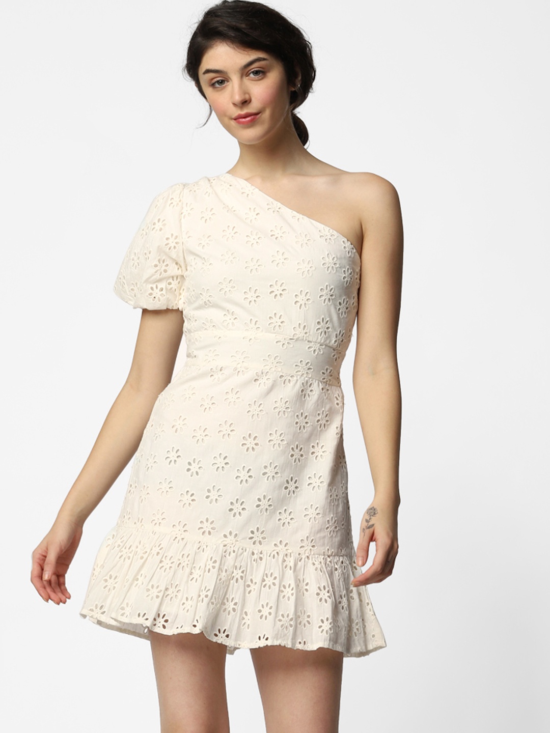 

ONLY Women Off-White Embroidered Fit and Flare Dress