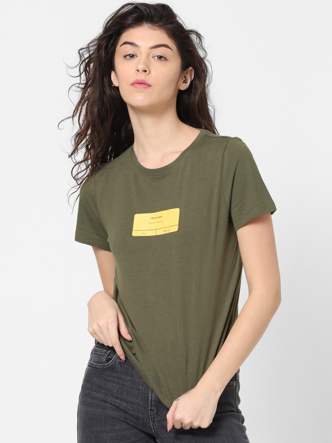 

ONLY Women Olive Green Solid Round Neck T-shirt
