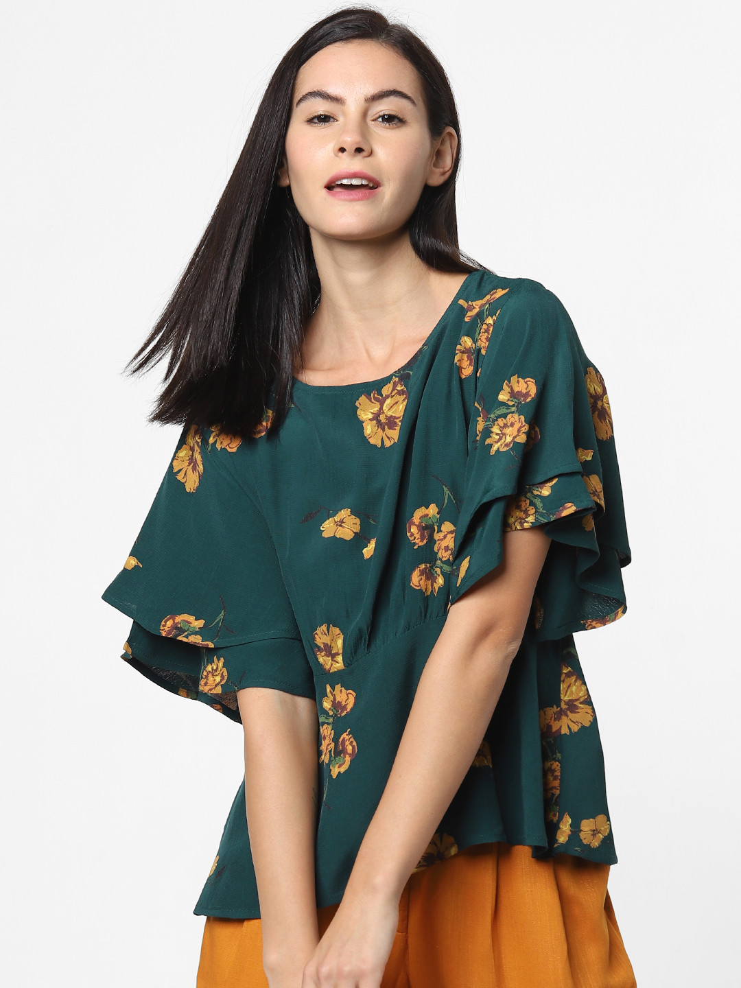 

ONLY Women Green & Mustard Yellow Printed A-Line Top
