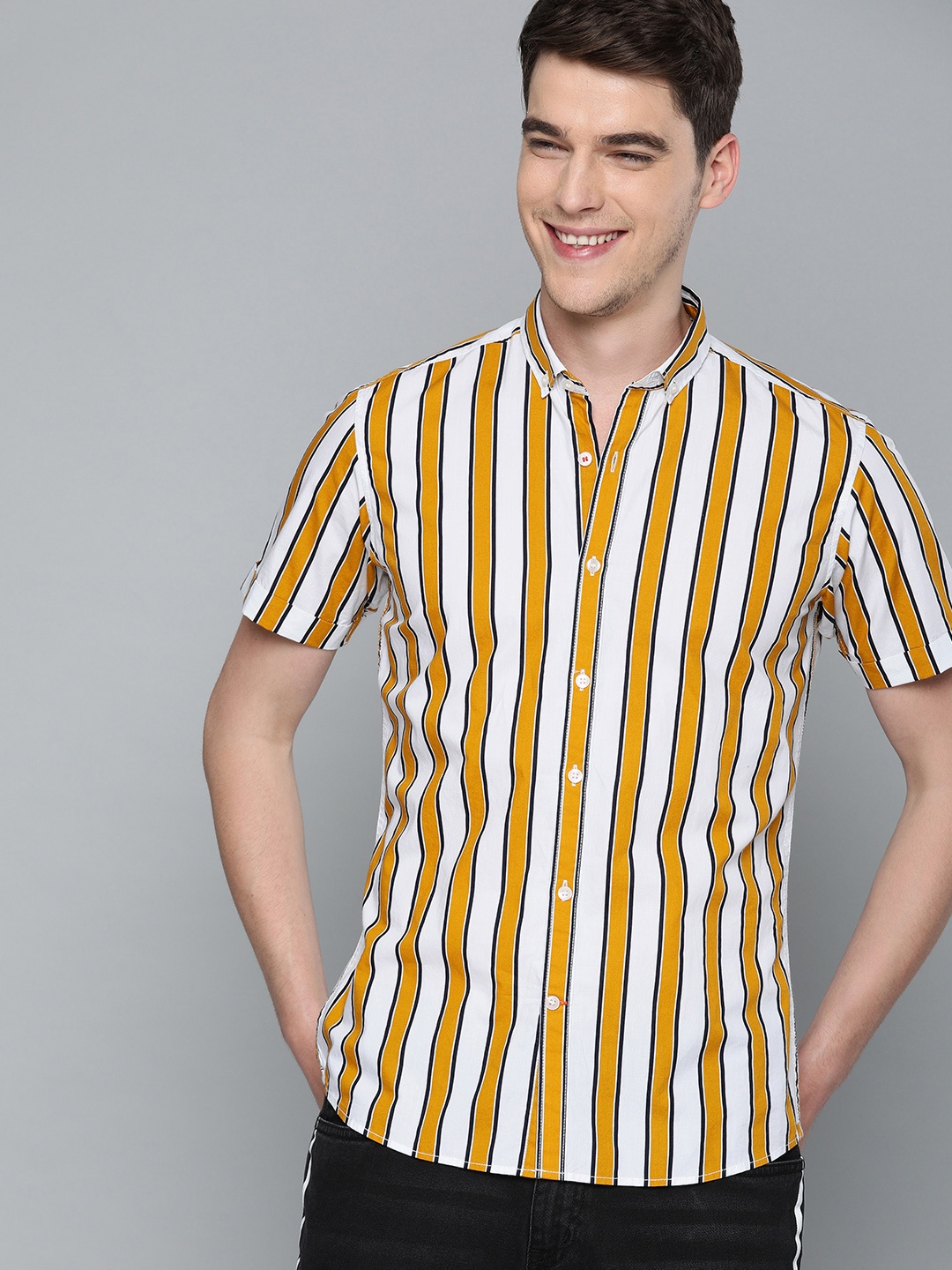 

Mast & Harbour Men Mustard Yellow & White Regular Fit Striped Casual Shirt
