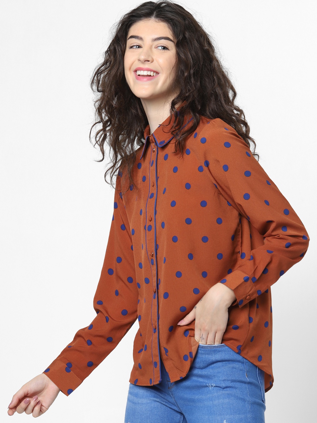 

ONLY Women Rust Brown & Blue Regular Fit Polka Dot Printed Casual Shirt