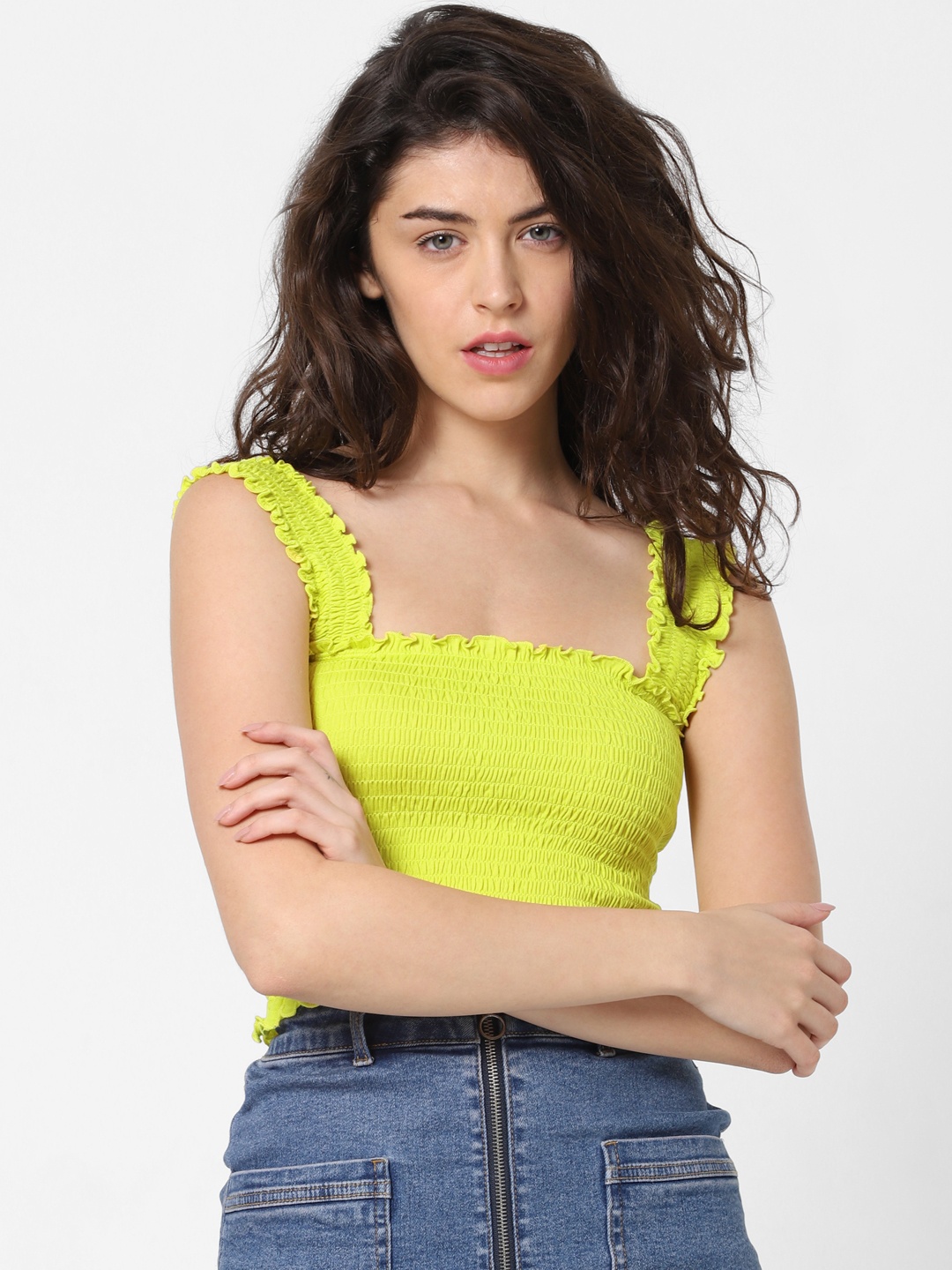 

ONLY Women Fluorescent Green Solid Fitted Cropped Pure Cotton Top with Smocking Detail