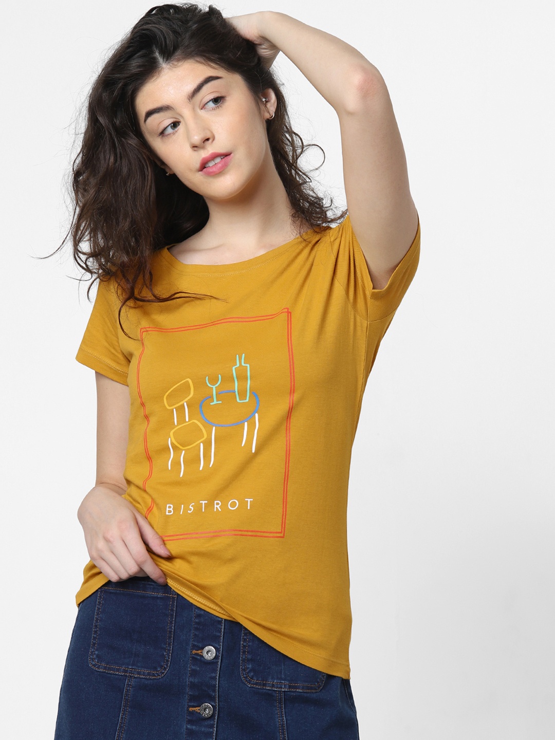 

ONLY Women Mustard Yellow Printed Round Neck Pure Cotton T-shirt