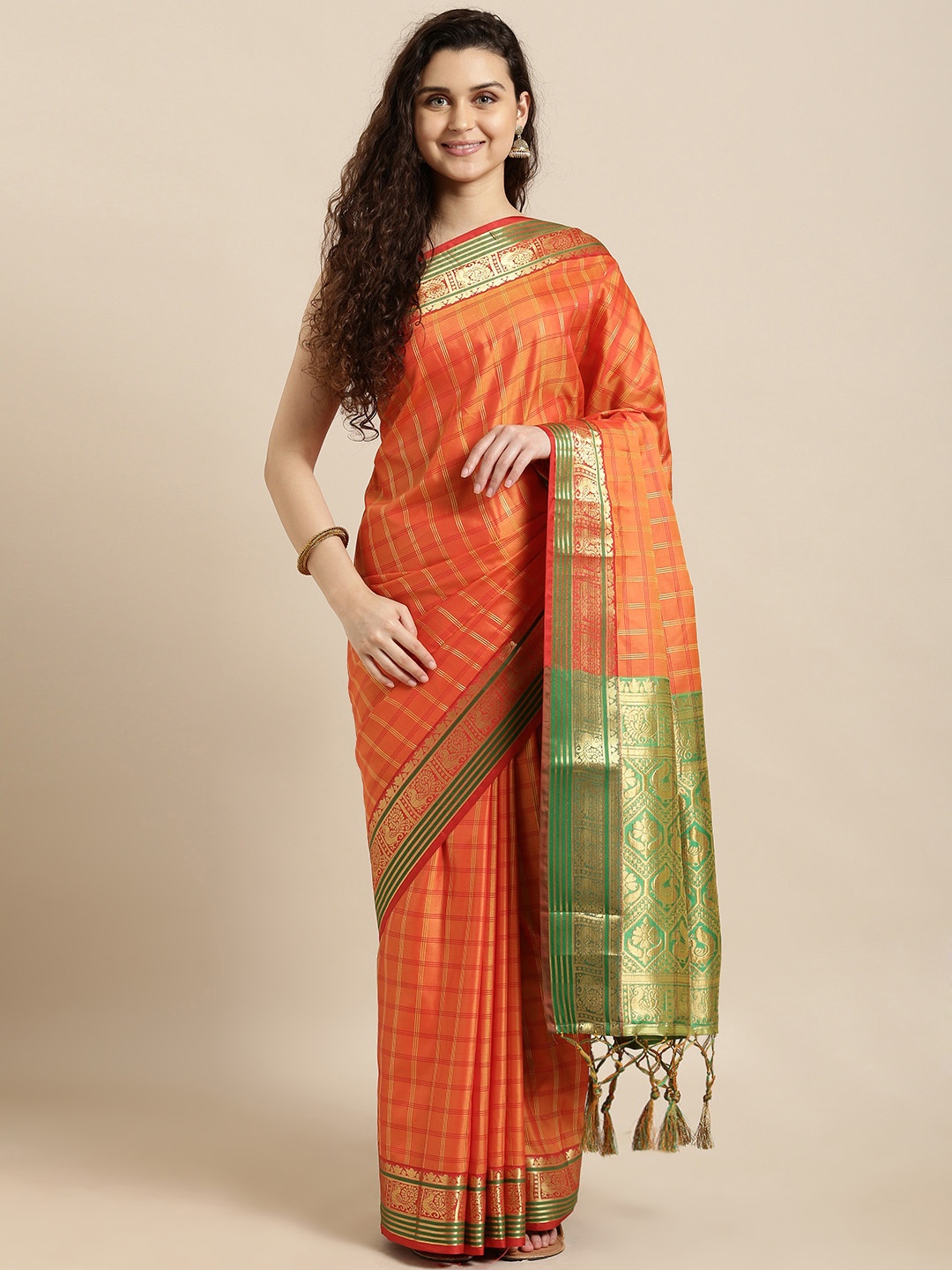 

Mitera Orange & Green Silk Blend Checked Mysore Silk Saree