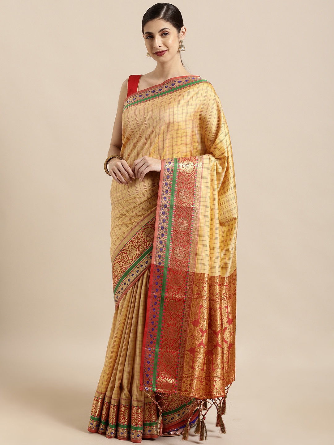 

Mitera Cream-Coloured & Red Silk Blend Checked Mysore Silk Saree