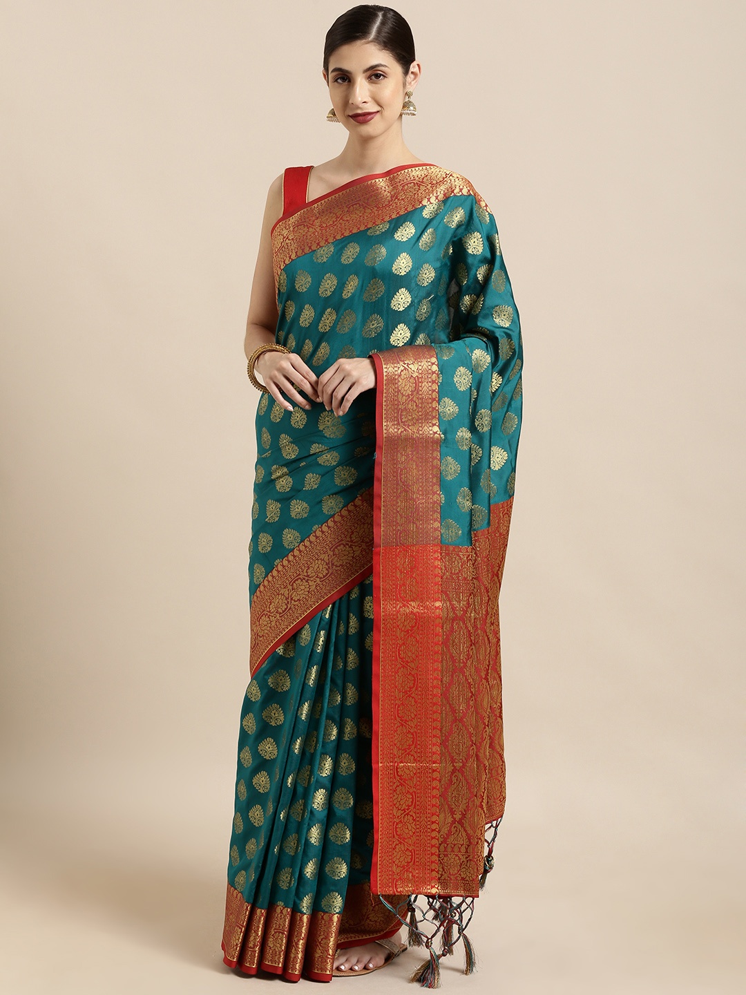 

Mitera Green & Red Silk Blend Woven Design Banarasi Saree