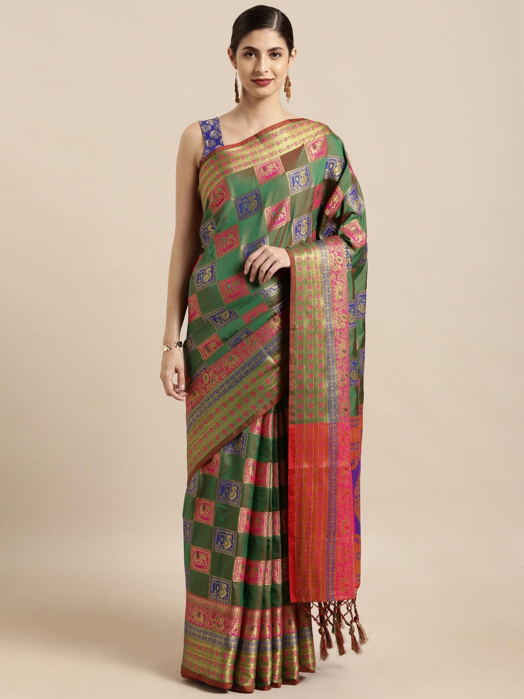 

Mitera Green & Pink Silk Blend Woven Design Patola Saree