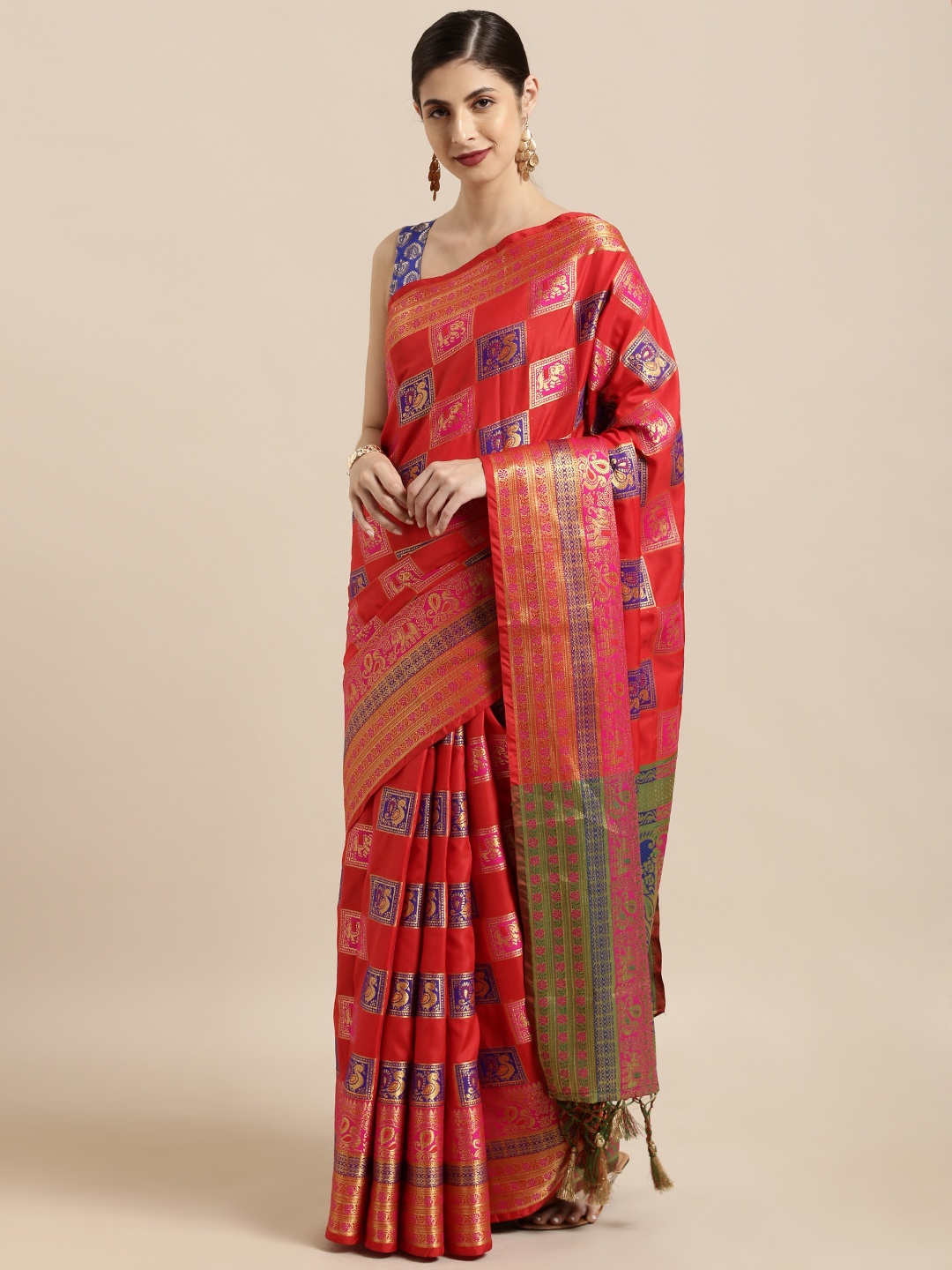 

Mitera Red & Blue Silk Blend Woven Design Patola Saree