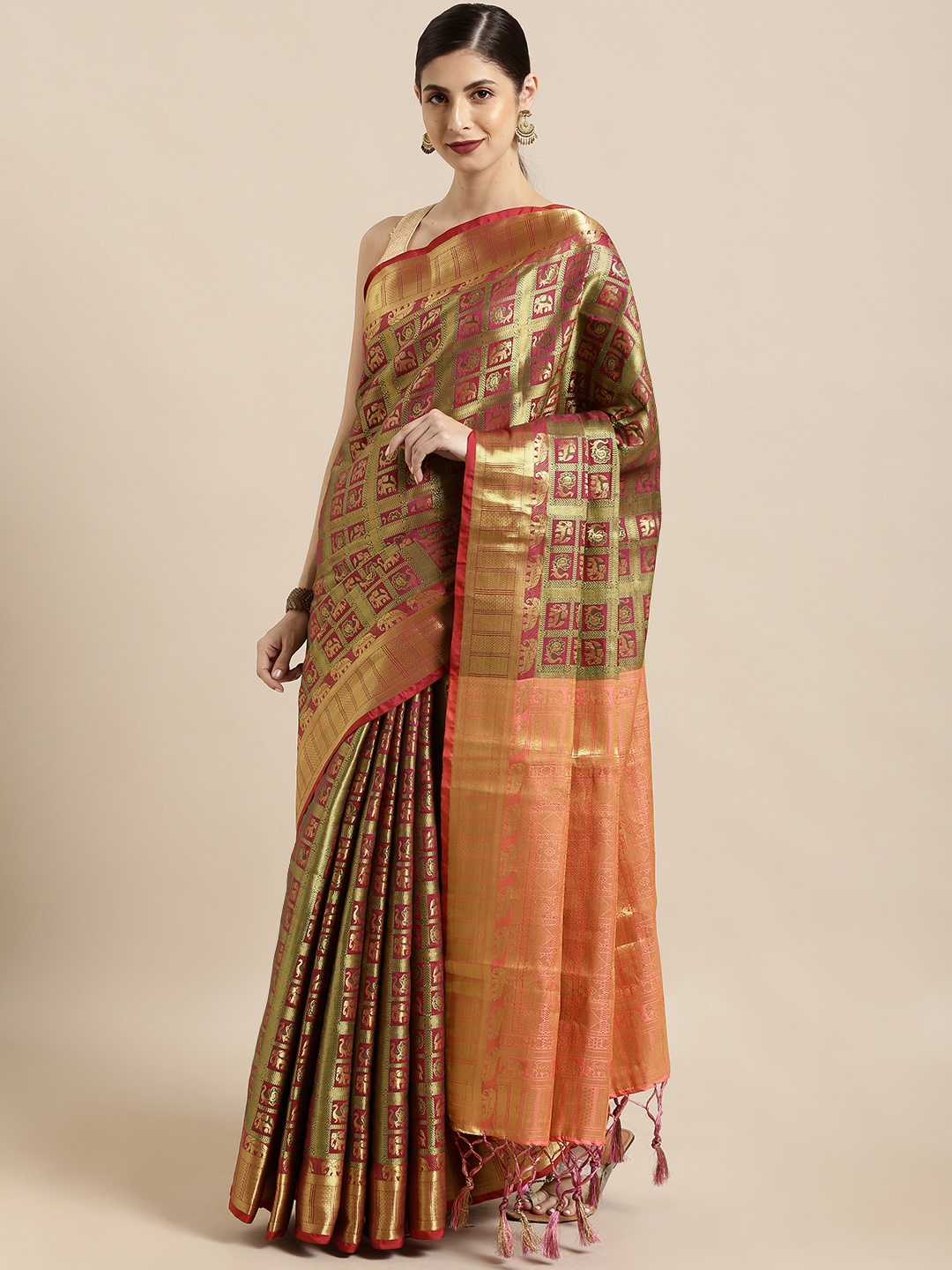 

Mitera Magenta Pink & Peach-Coloured Silk Blend Woven Design Kanjeevaram Saree