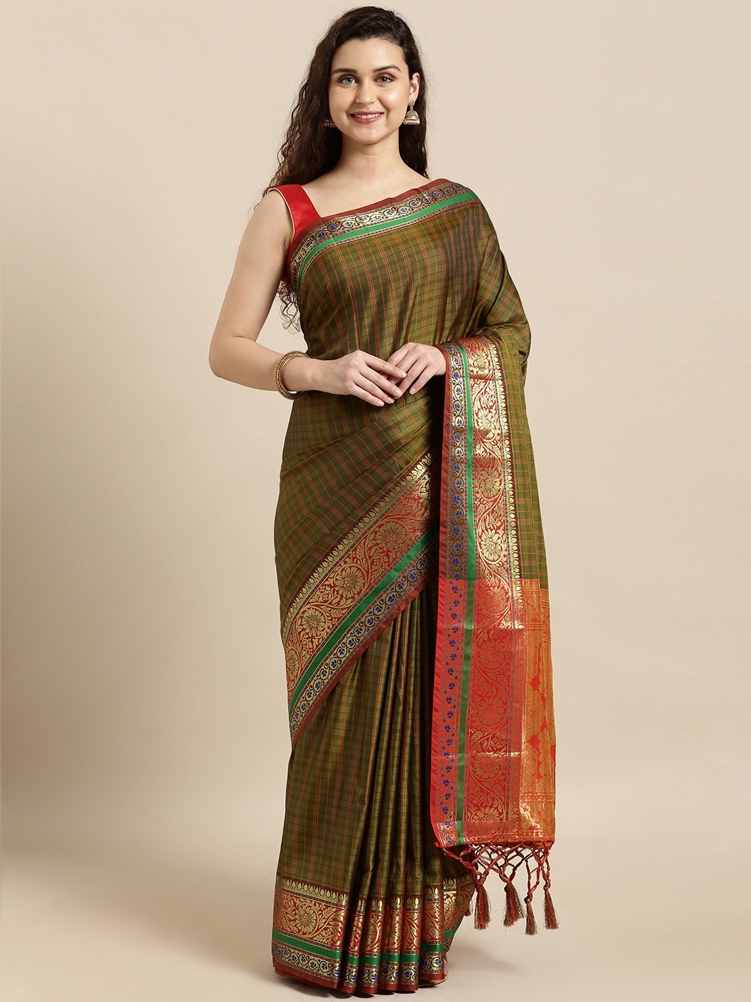 

Mitera Green & Orange Silk Blend Checked Mysore Silk Saree