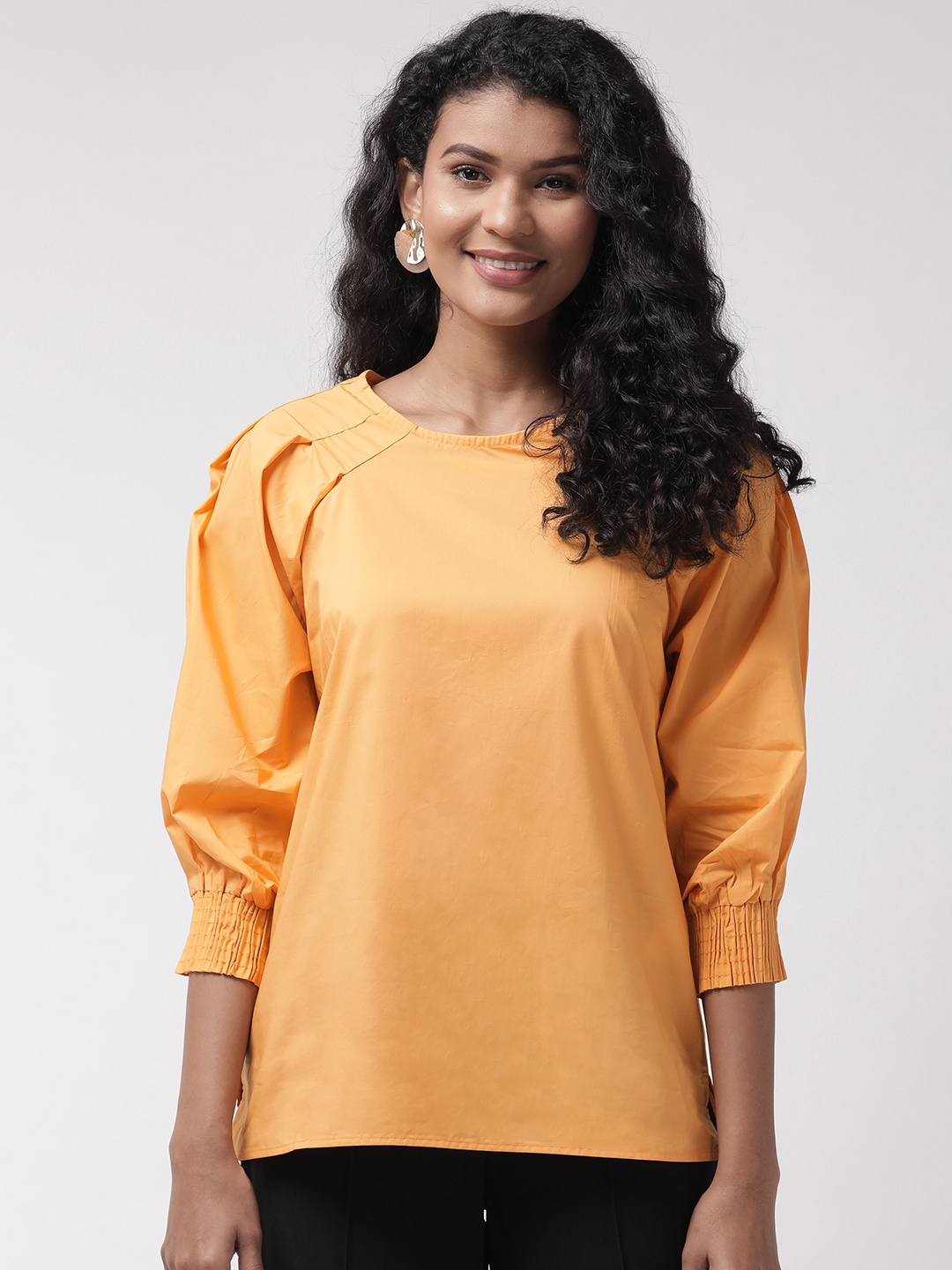 

Madame Women Yellow Solid Pure Cotton Top