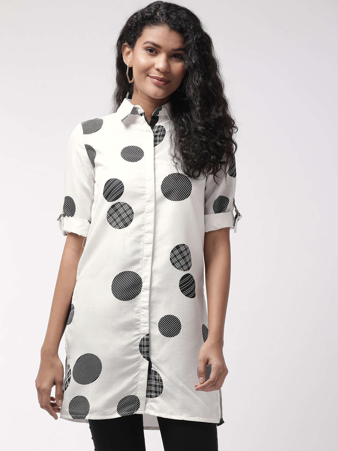 

Madame Women White & Black Regular Fit Printed Longline Casual Shirt