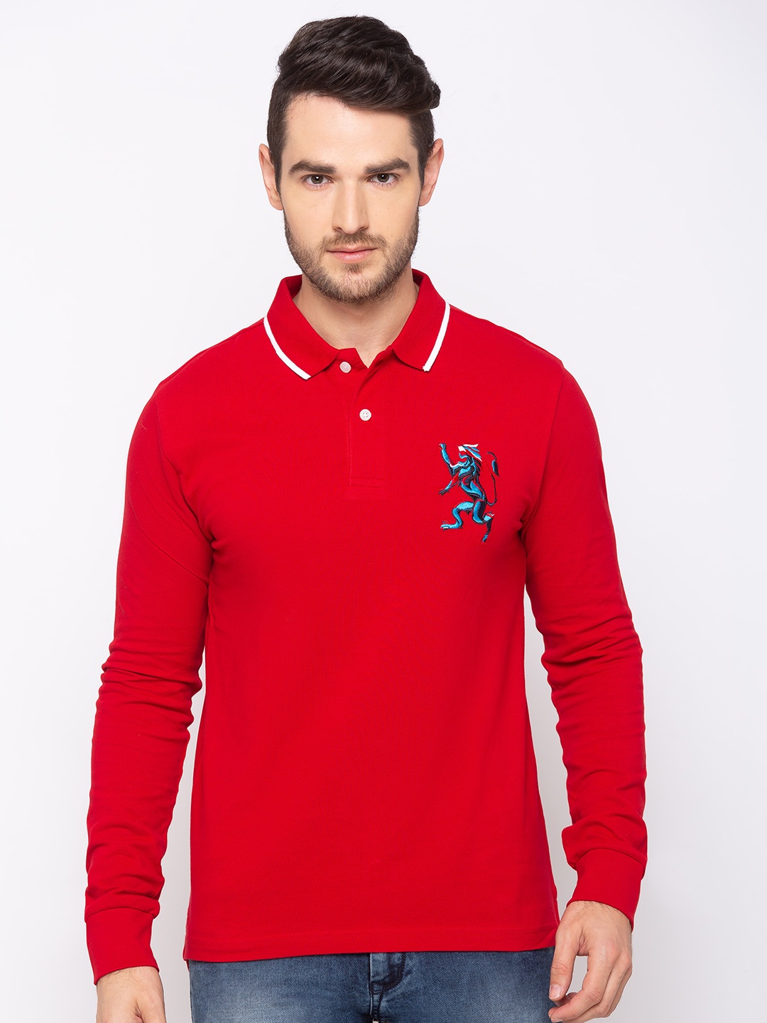 

GIORDANO Men Red Solid Slim Fit Polo Collar T-shirt