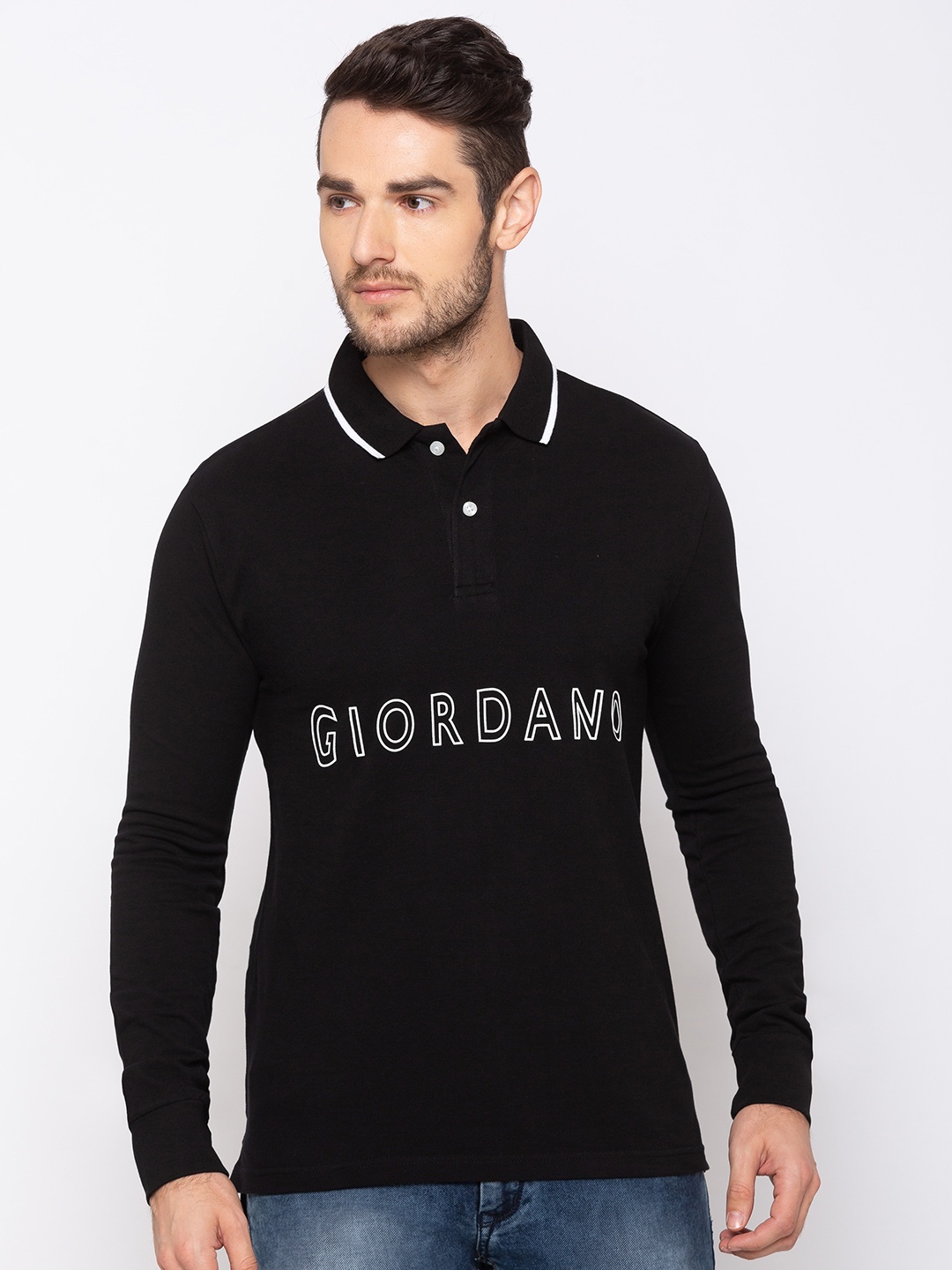 

GIORDANO Men Black Printed Slim Fit Polo Collar T-shirt