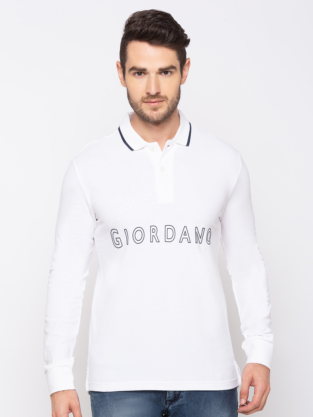 

GIORDANO Men White Printed Slim Fit Polo Collar T-shirt