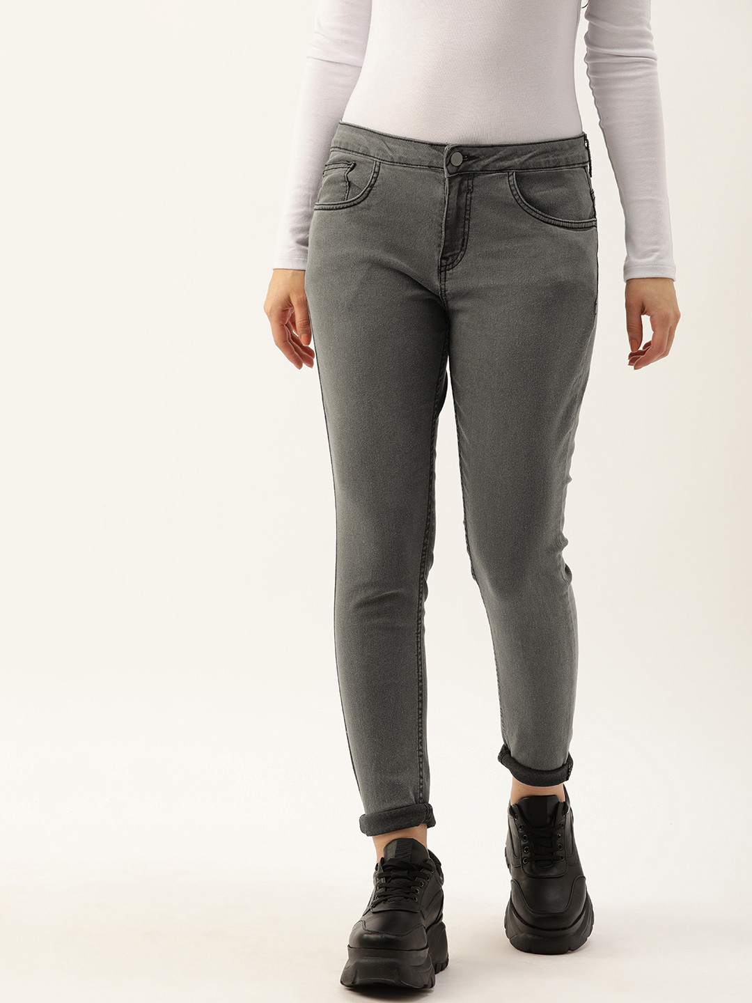 

DressBerry Women Grey Skinny Fit Mid-Rise Clean Look Stretchable Ankle Length Jeans