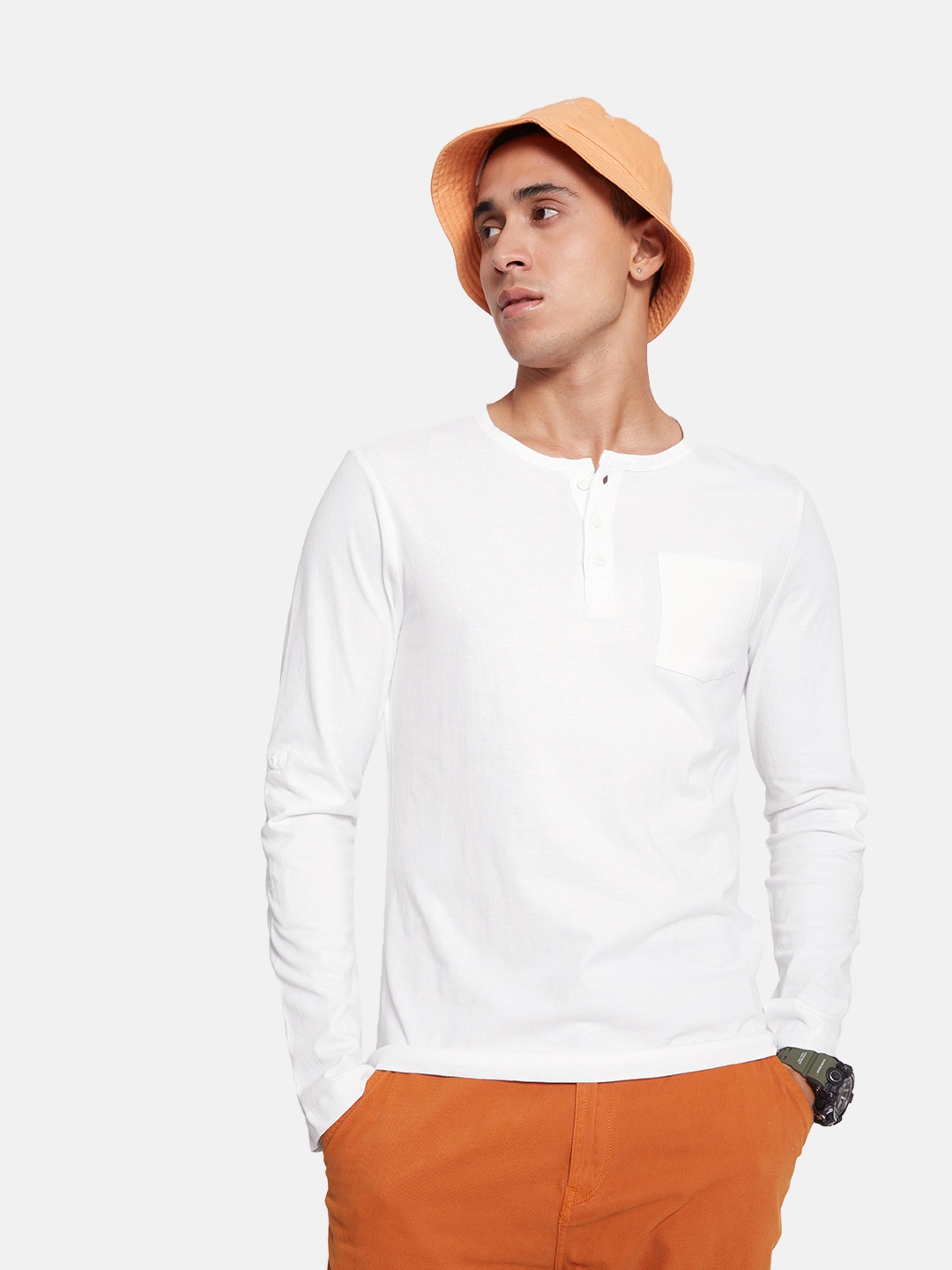 

Roadster Solid Henley Neck Pockets Knitted Pure Cotton T-shirt, White
