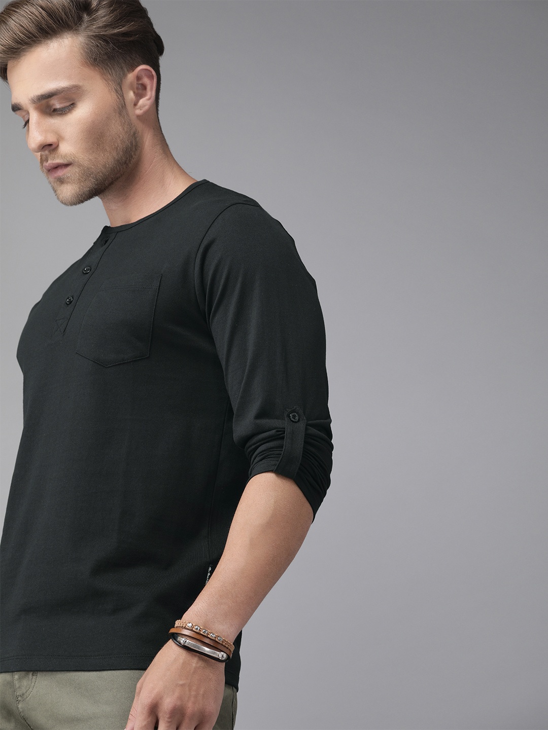 

Roadster Men Black Solid Henley Neck Pure Cotton T-shirt with Roll Up Sleeves