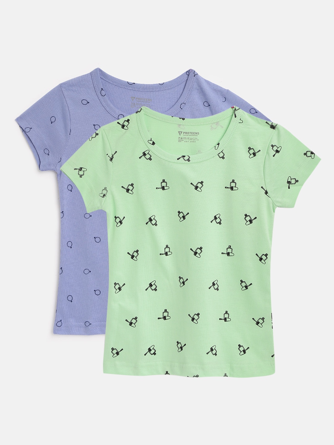 

PROTEENS Girls Pack of 2 Printed Round Neck Pure Cotton T-shirts, Sea green
