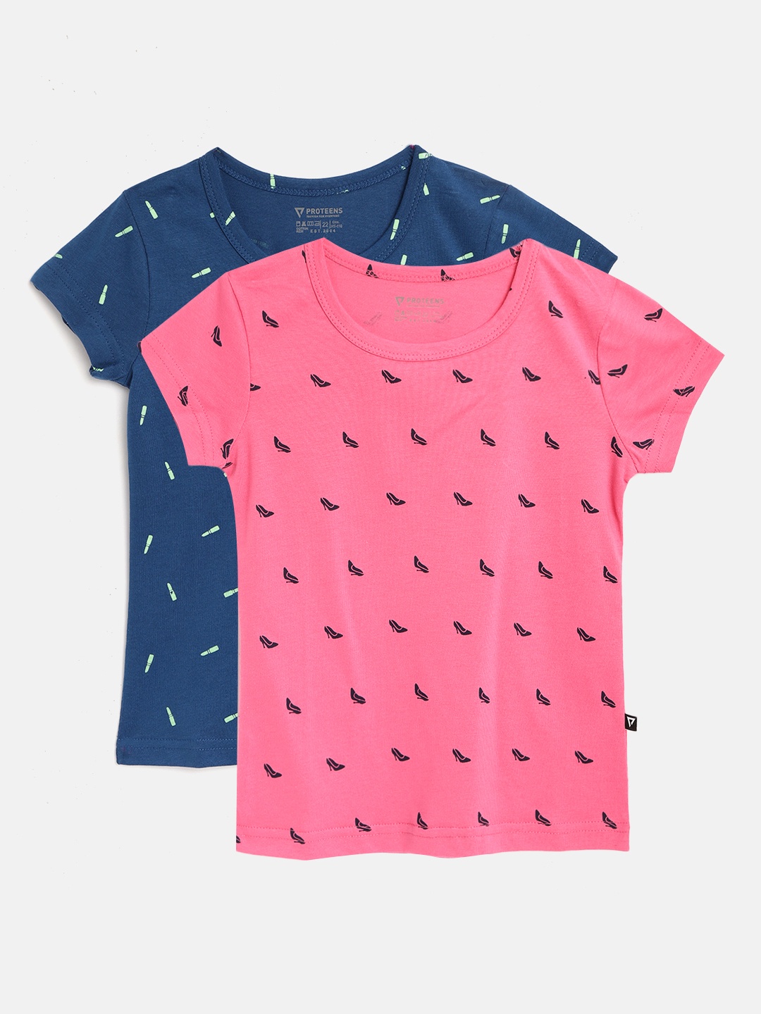 

PROTEENS Girls Pack of 2 Printed Round Neck Pure Cotton T-shirts, Pink