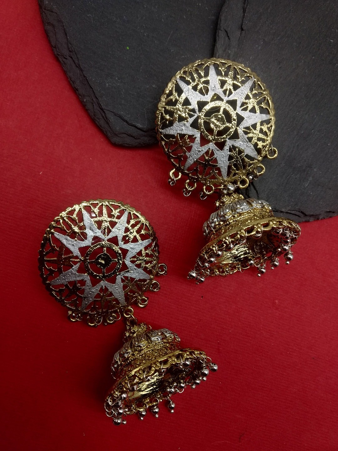 

Fida Gold-Toned & Silver-Toned Dome Shaped Jhumkas