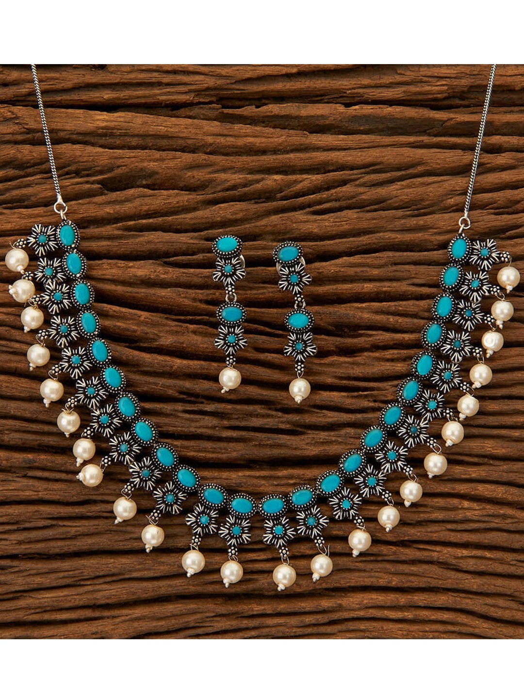 

Fida Silver-Toned & Turquoise Blue Floral Designed Oxidised Jewellery Set