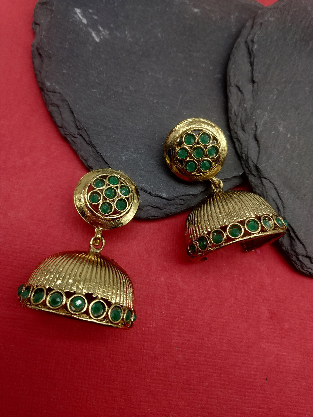 

Fida Gold-Toned & Green Dome Shaped Jhumkas